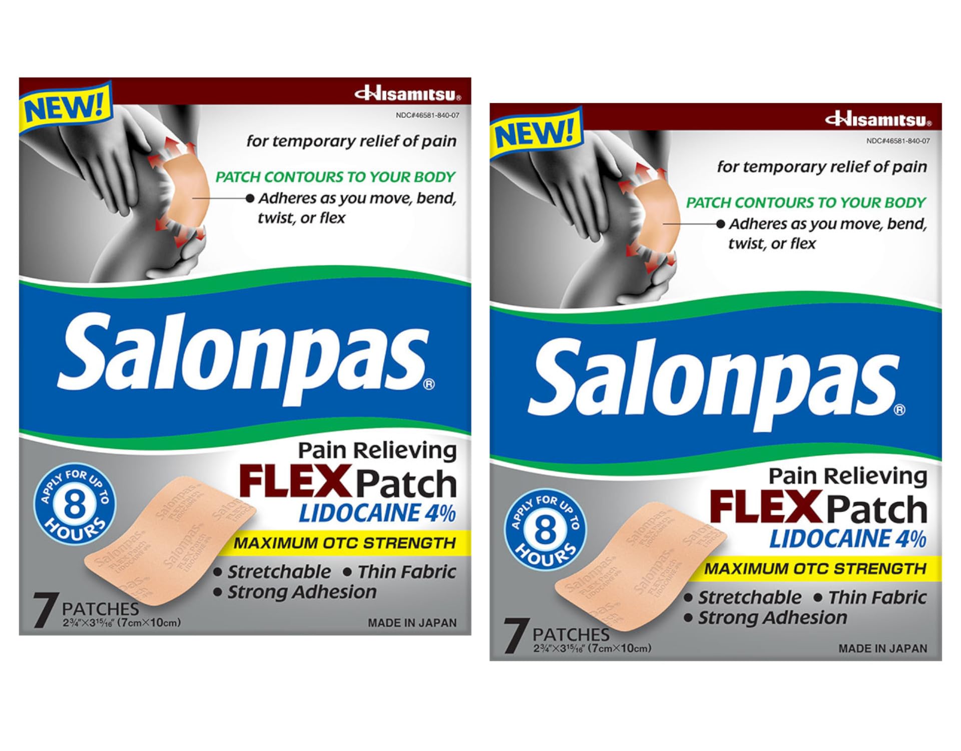 Patch Salonpas flexible lidocaïne 4% offrant mobilité et soulagement.