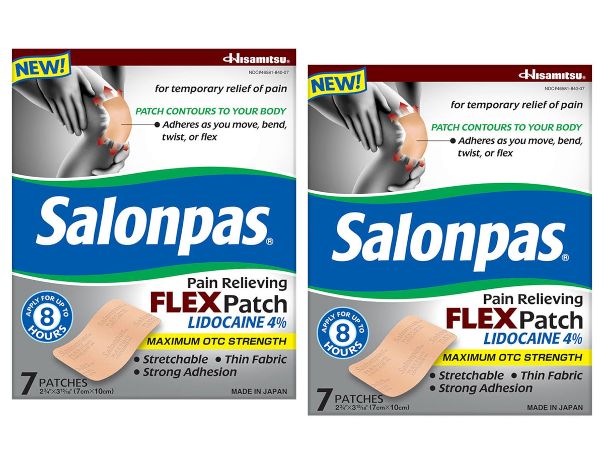 Patch Salonpas flexible lidocaïne 4% offrant mobilité et soulagement.
