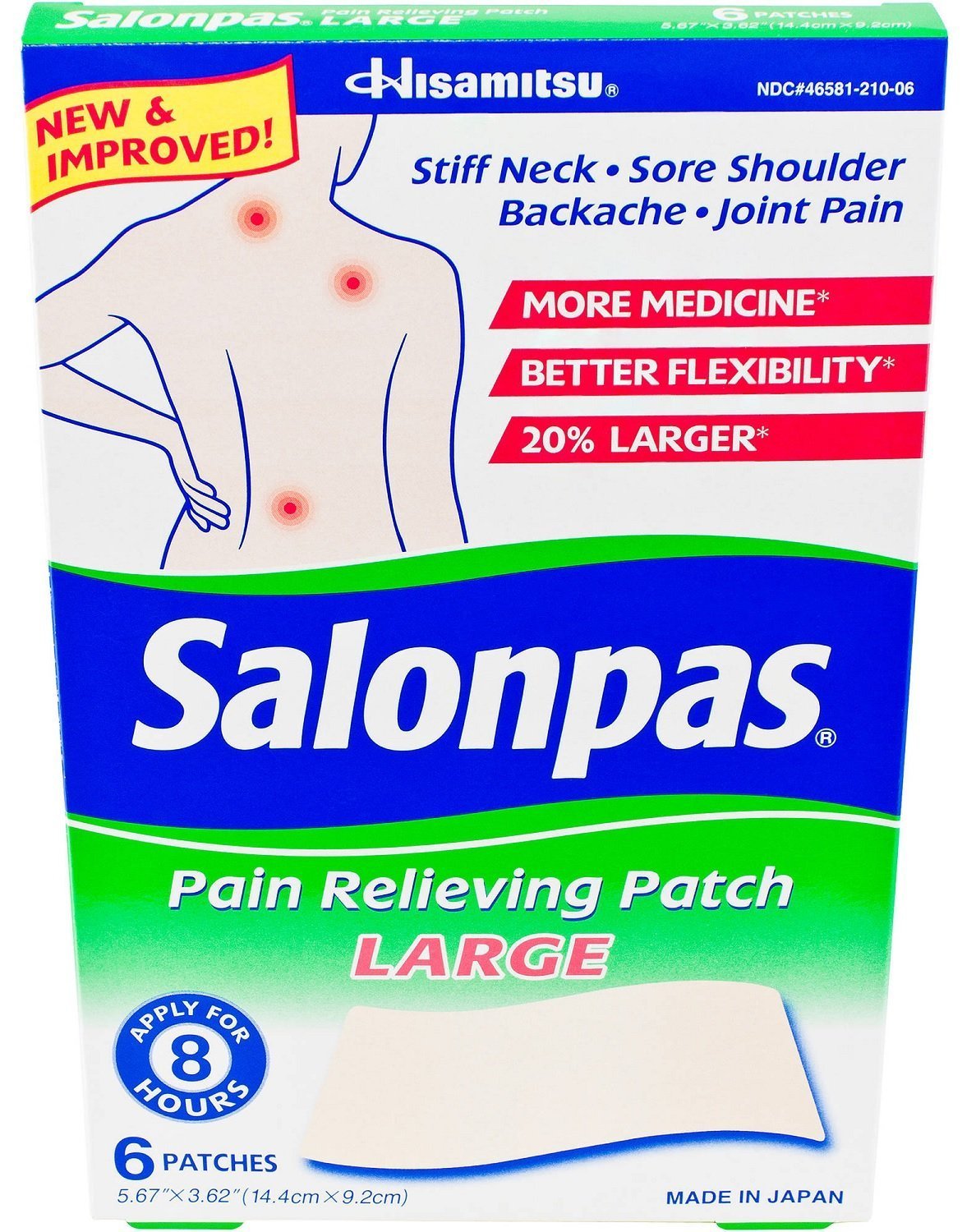Patch Salonpas Grand Format appliqué sur la peau, soulagement ciblé pour zones étendues.