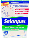 Patch Salonpas Grand Format appliqué sur la peau, soulagement ciblé pour zones étendues.