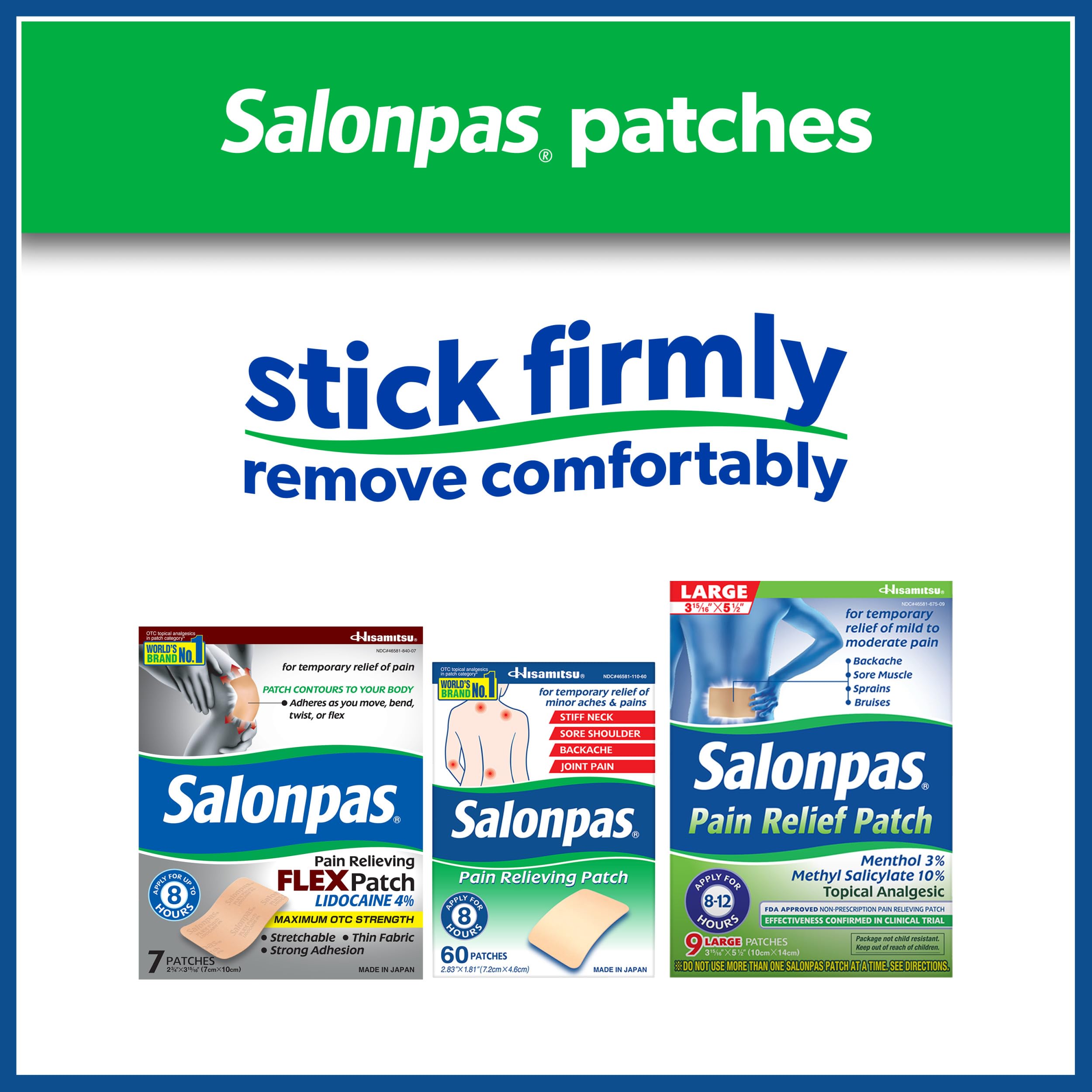 Tissu flexible du patch Salonpas suit les mouvements.