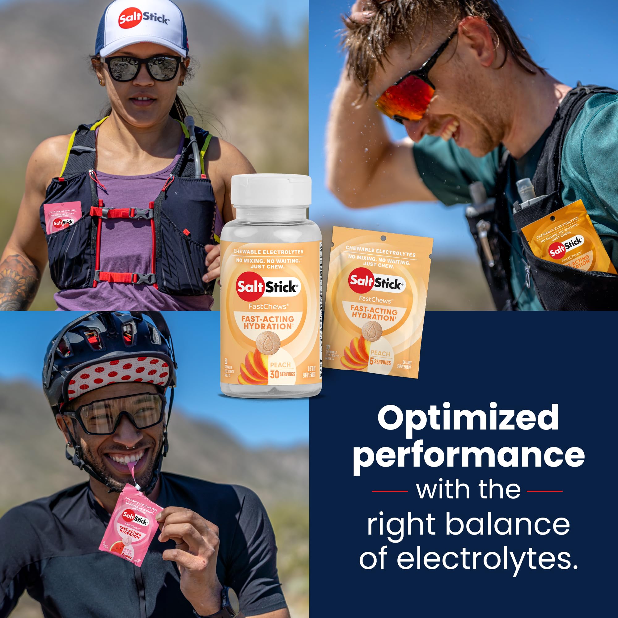 SaltStick Electrolyte FastChews pêche, option végan sans gluten pour divers régimes.