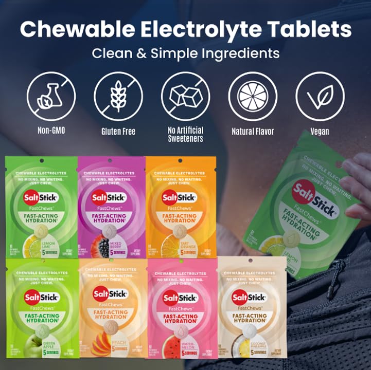 SaltStick FastChews utilisées toutes les 30 minutes avec eau pendant l'exercice.
