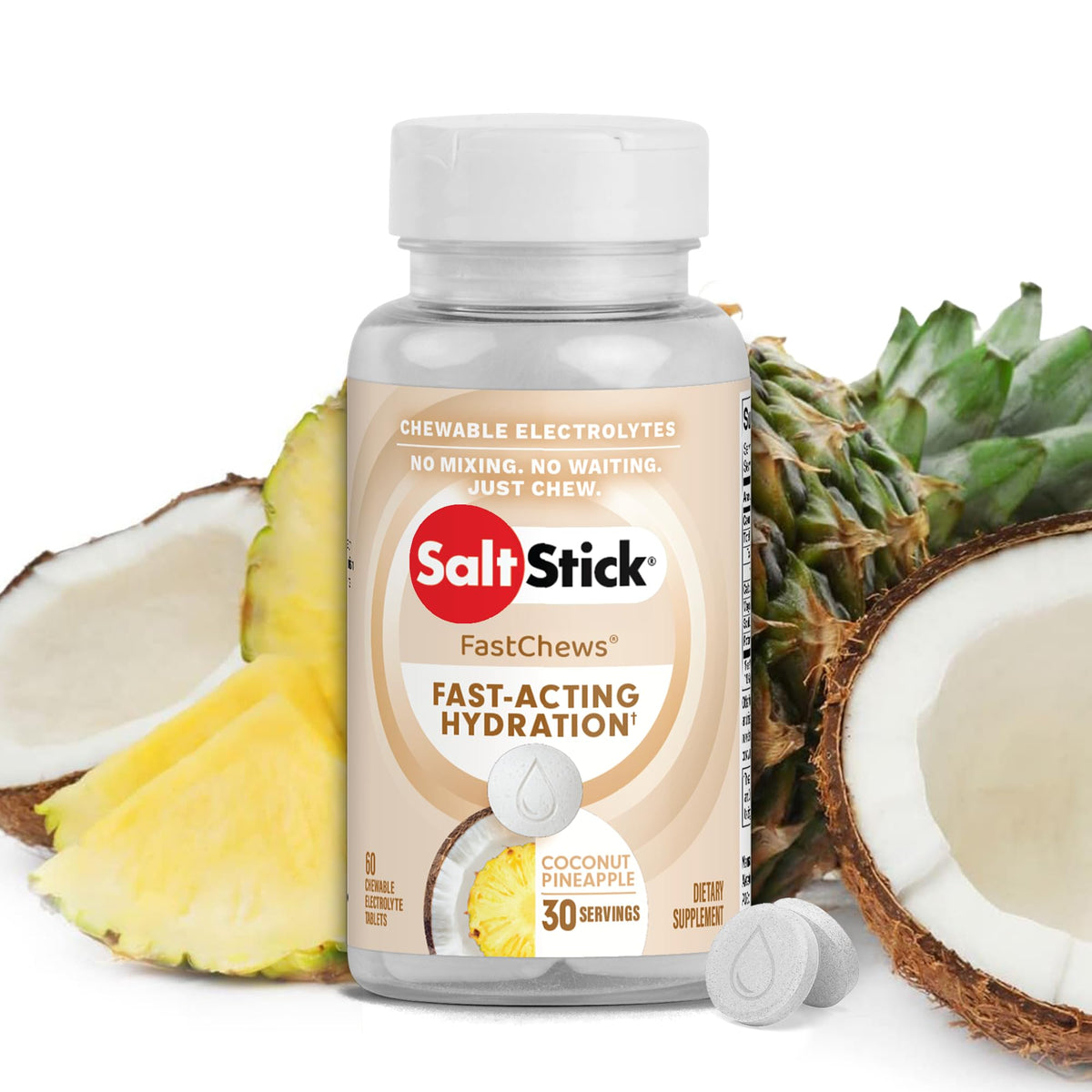 SaltStick FastChews en emballage, tablettes électrolytes coco-ananas, prêt à emporter