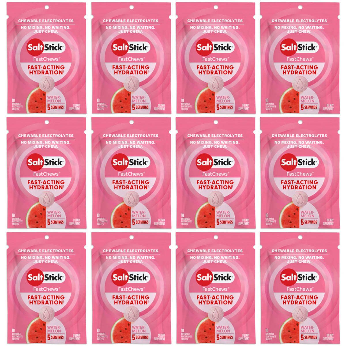 SaltStick FastChews Watermelon, emballage pratique pour l'entraînement et le voyage.