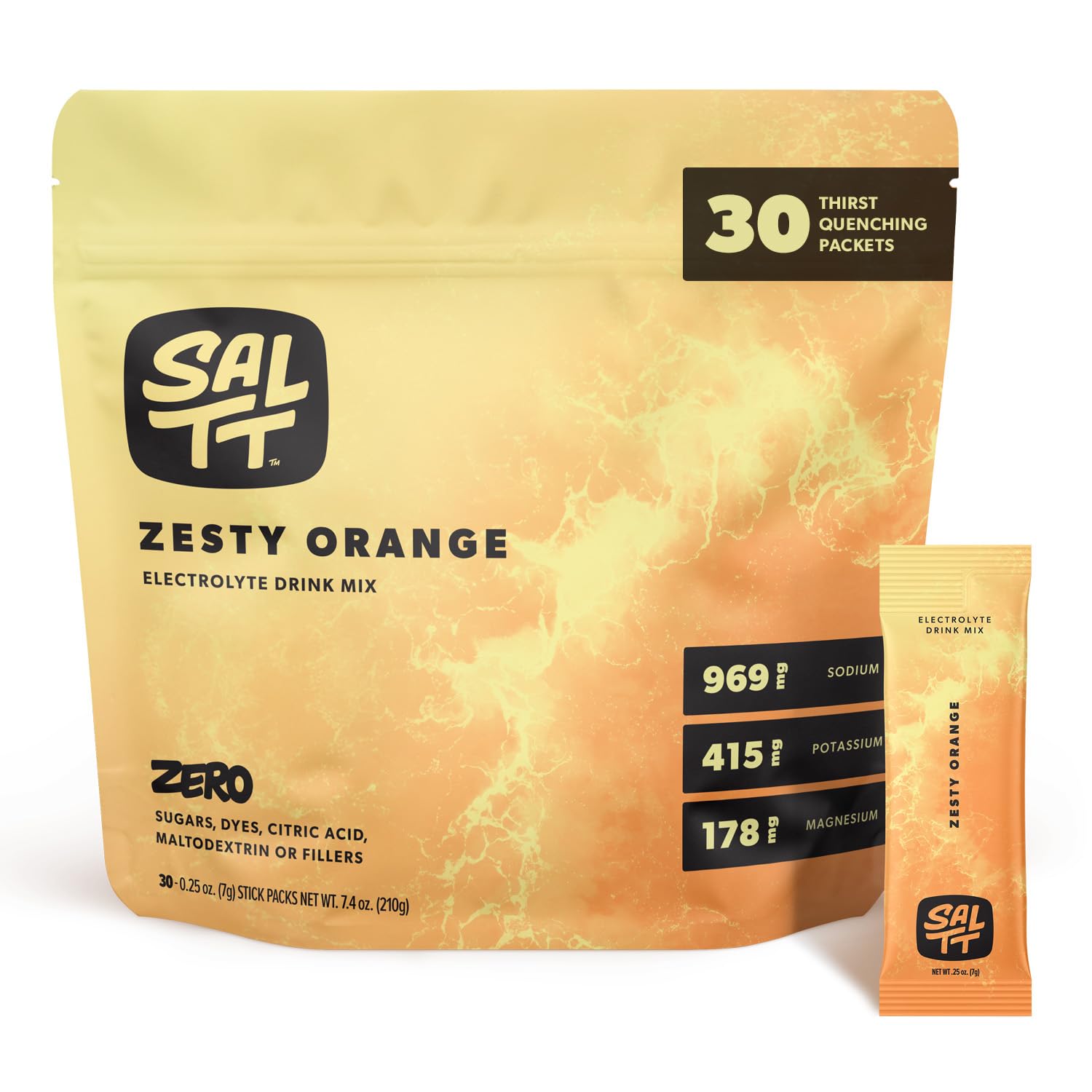 SALTT Poudre électrolytes saveur Orange Zeste pour une hydratation rafraîchissante.