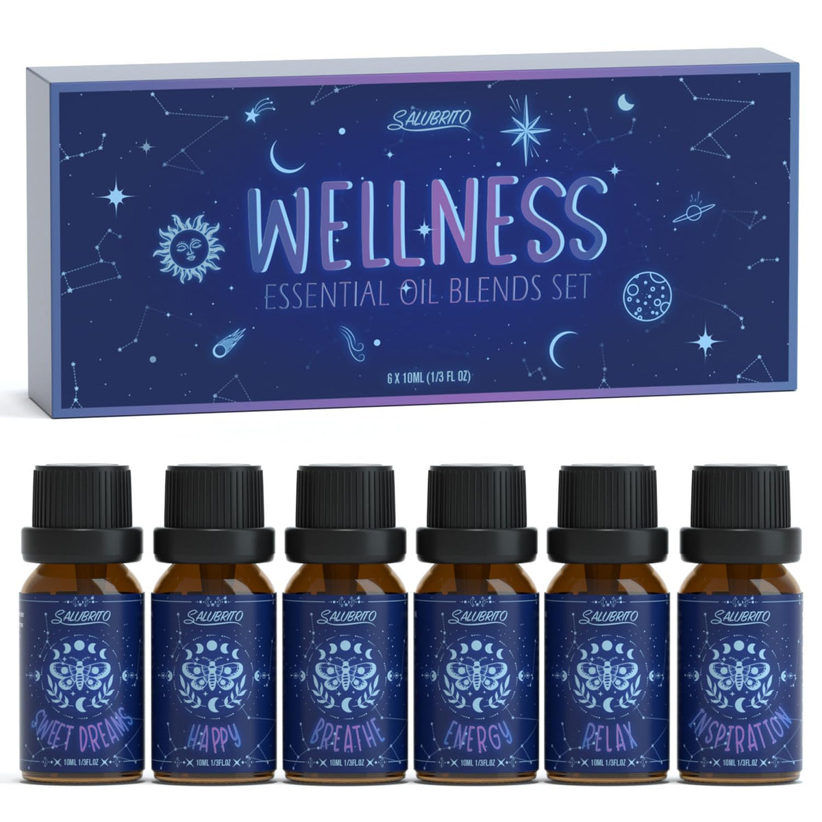 Salubrito ensemble huiles essentielles 6x10ml pour relaxation et bien-être à domicile.