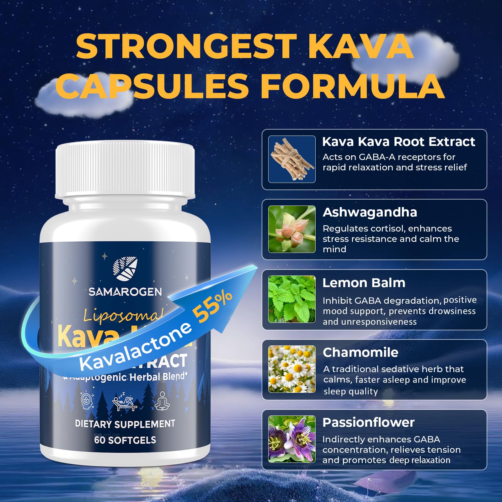 Capsules Samarogen: dosage avec kavalactones et liposome pour absorption