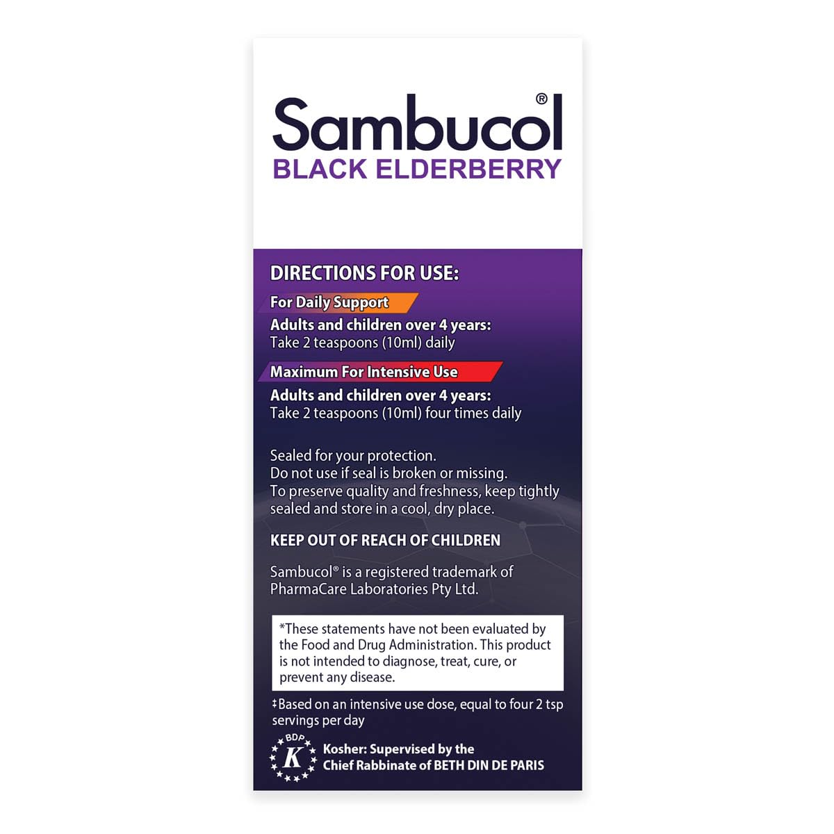 Emballage clair et pratique de Sambucol pour le rangement.