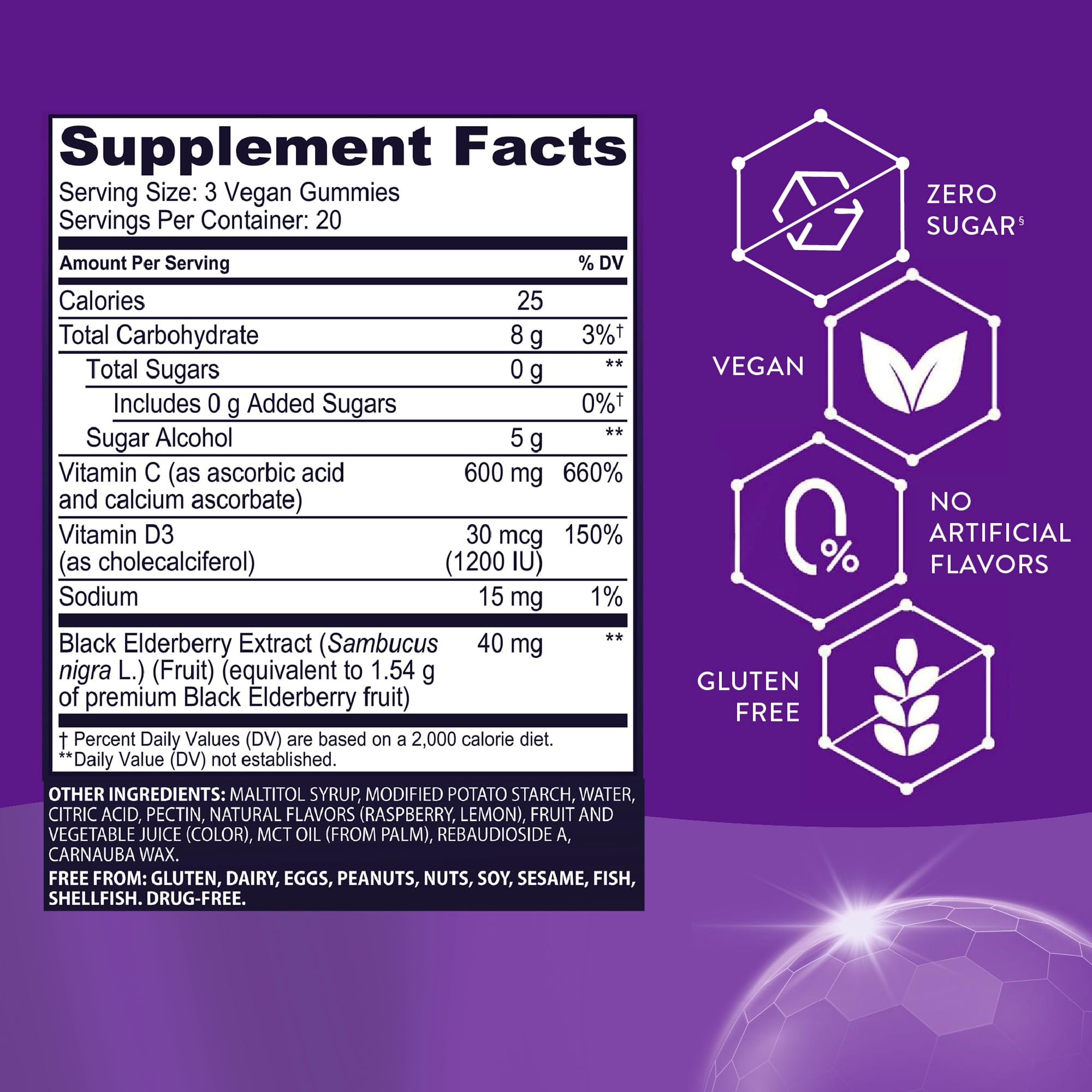 Gommes Sambucol, ingrédients avec vitamine C et D3 pour un soutien potentiel quotidien.