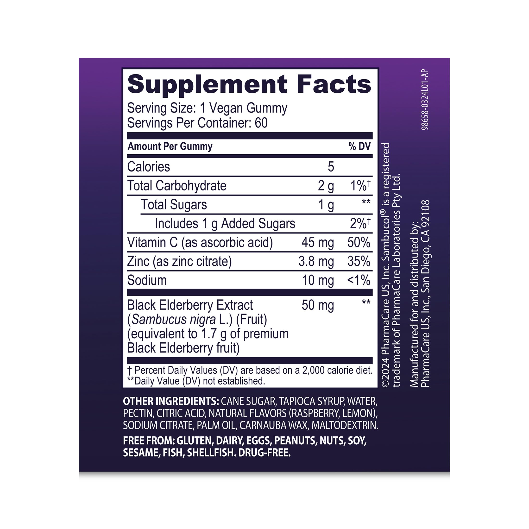 Gomme Sambucol avec vitamine C et zinc, soutien léger du système immunitaire.