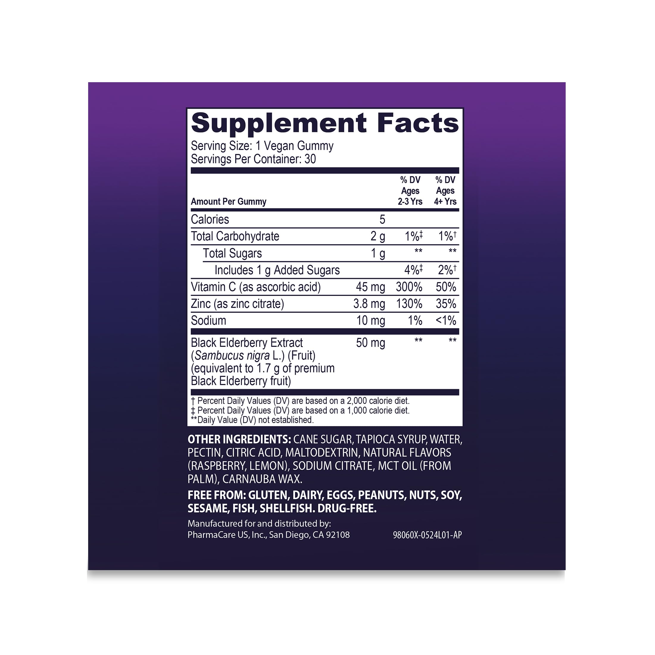 Gommes Sambucol enrichies vitamine C et zinc – ingrédients clés
