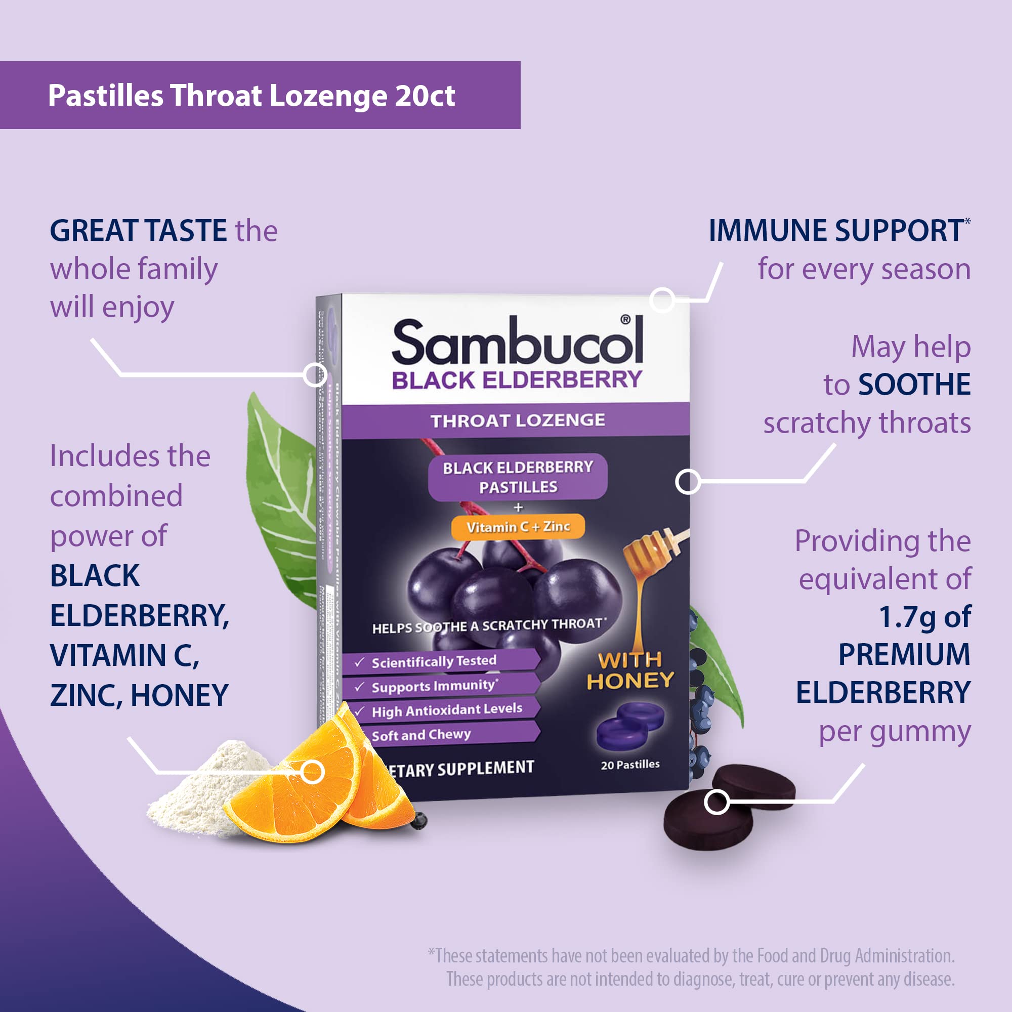 Pastilles Sambucol avec vitamine C et zinc, soutien immunitaire potentiel
