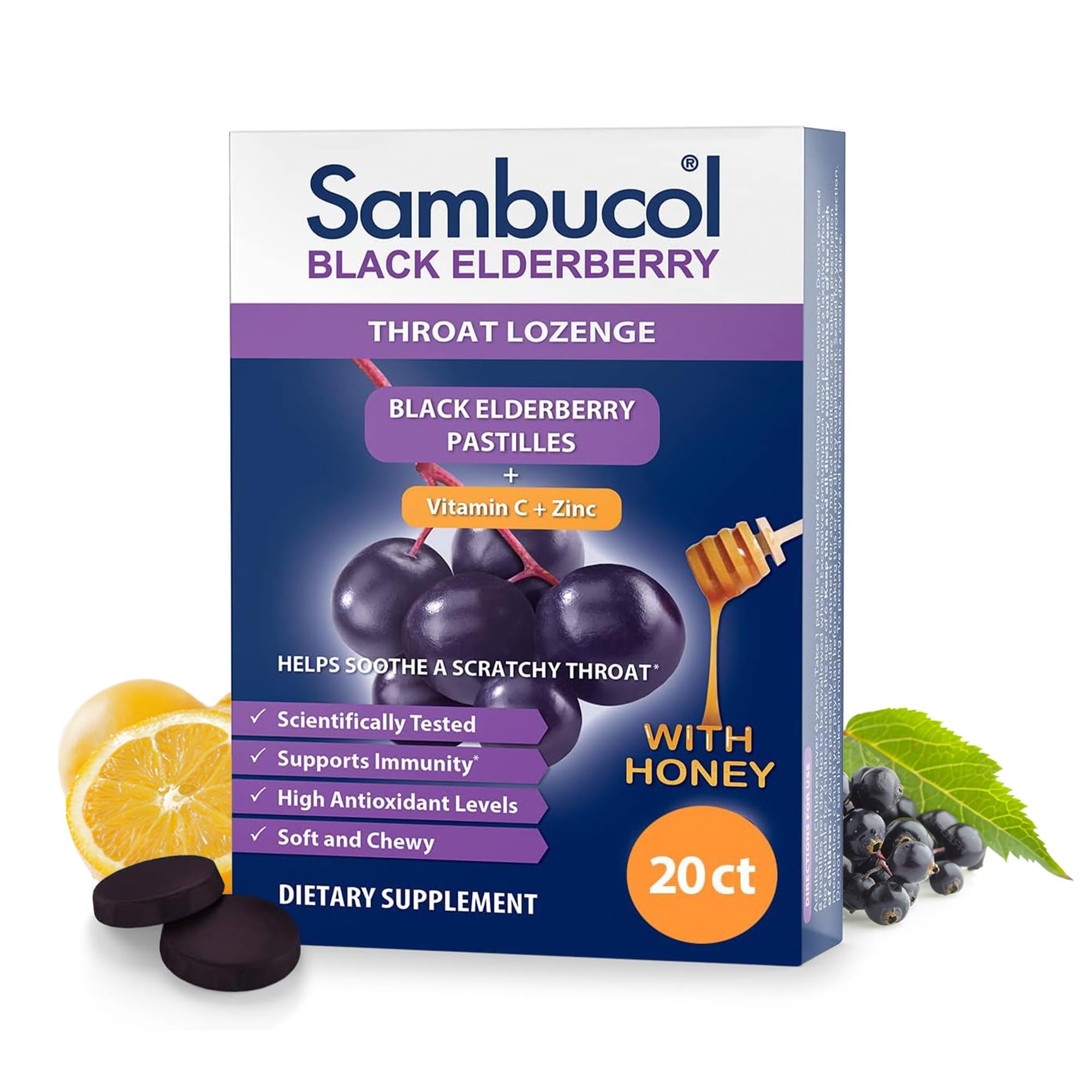 Pastilles Sambucol gorge au sureau noir, texture moelleuse et effet apaisant potentiel