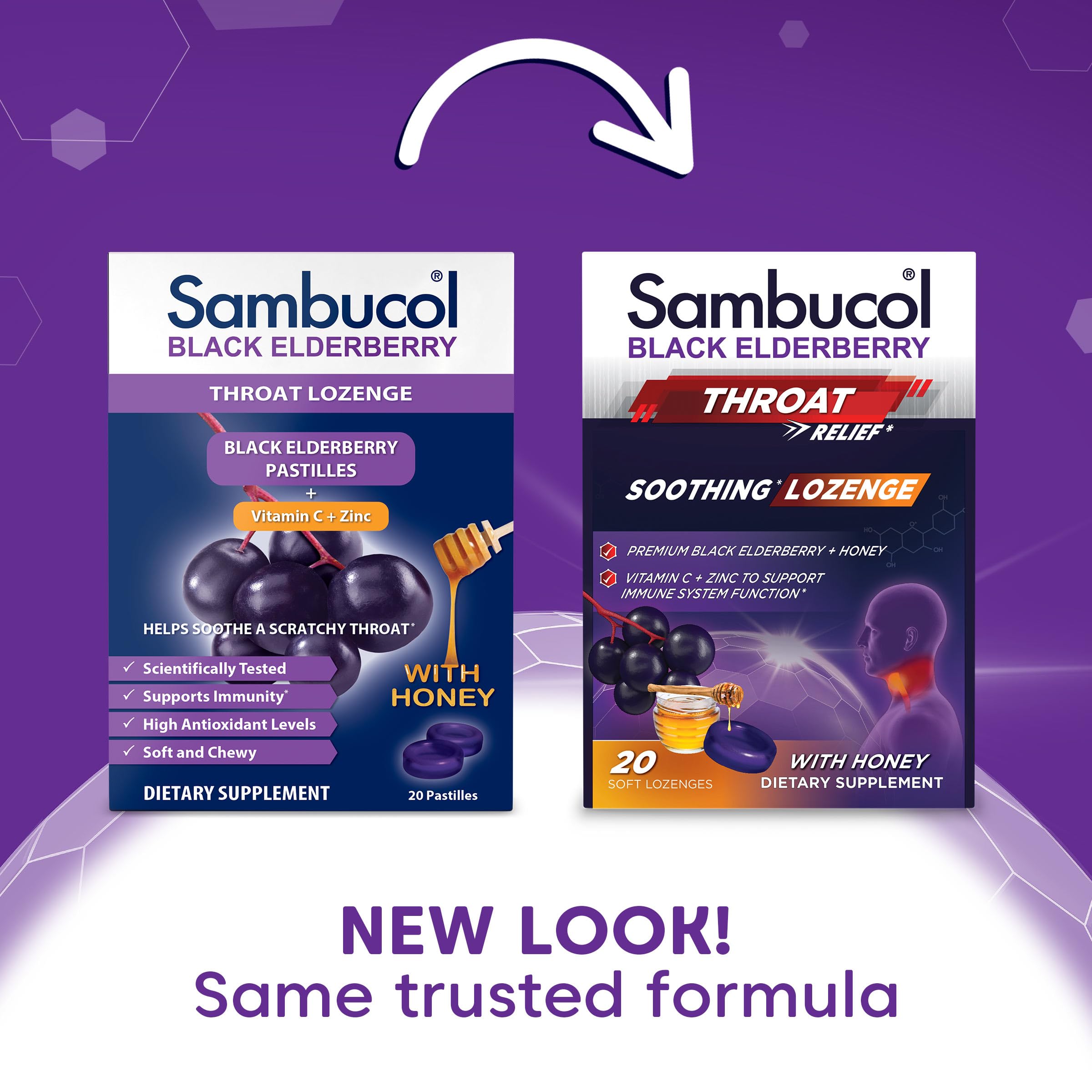 Sambucol pastilles sureau noir miel – pastille ronde au goût miel apaisant.
