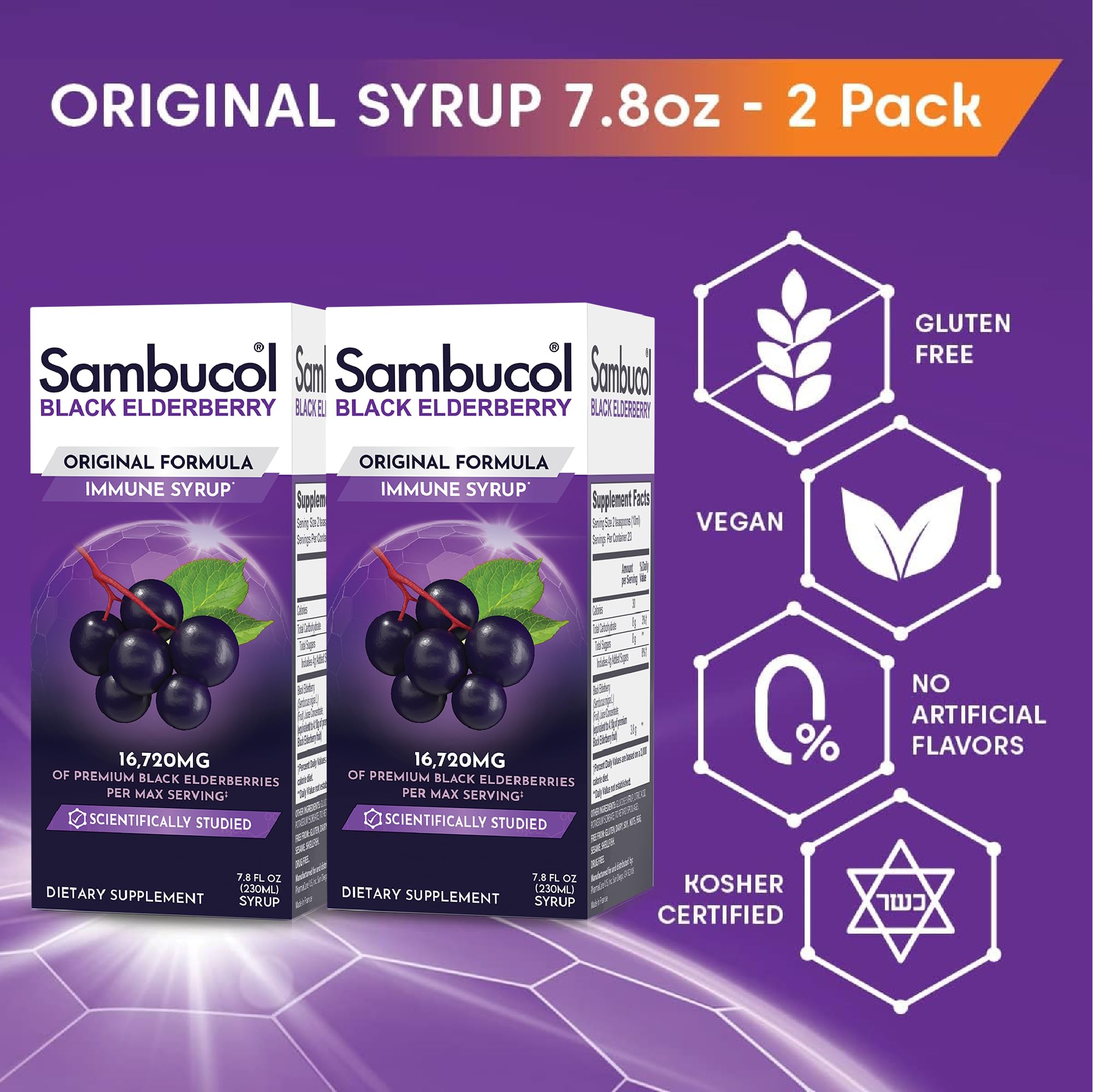 Étiquette Sambucol Sureau Noir sur l'emballage, ingrédients sans gluten.