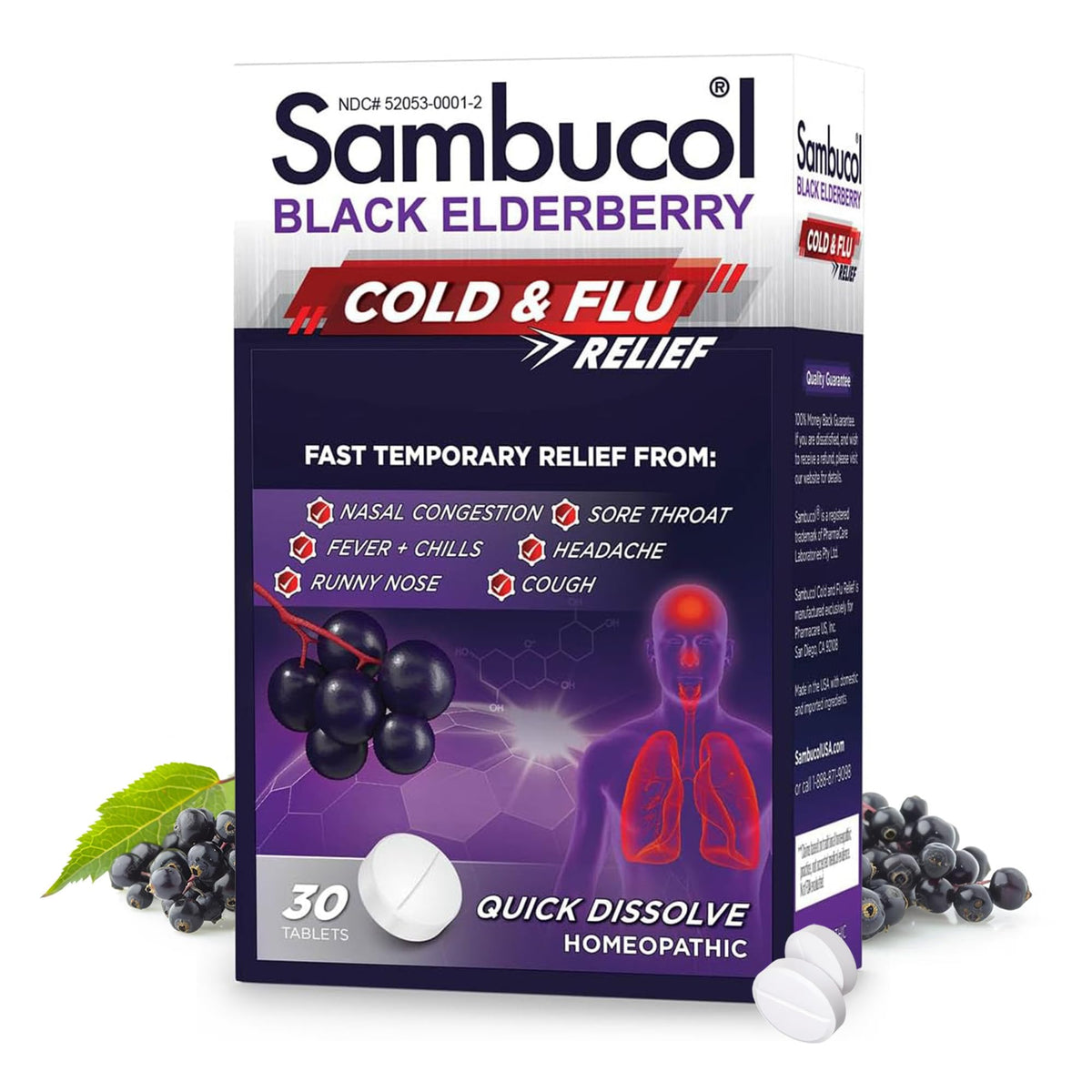 Sambucol tablettes à dissolution rapide visibles, pratique pour un soulagement rapide sans eau.
