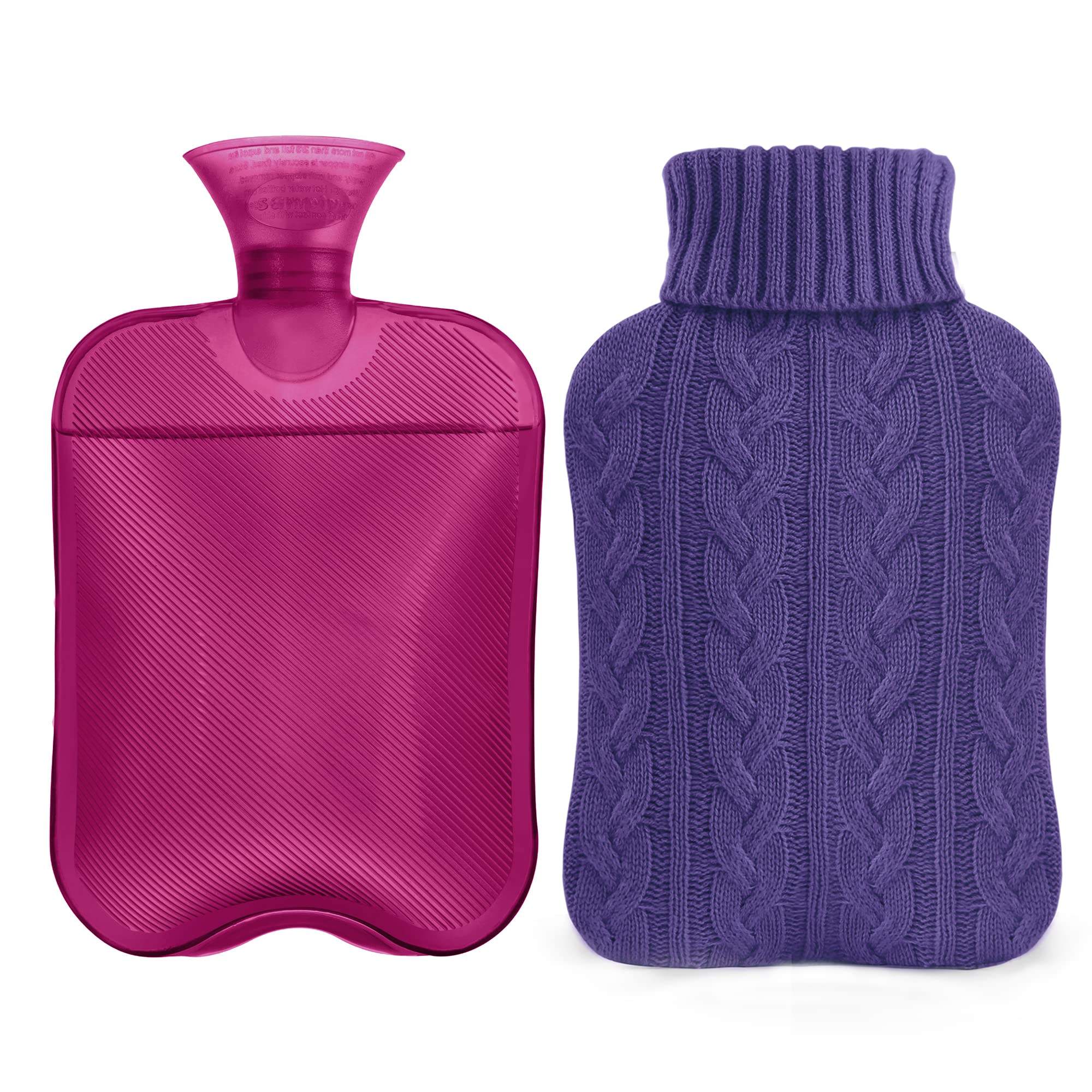Bouteille Samply avec housse tricot violet, chaleur douce pour les mains.