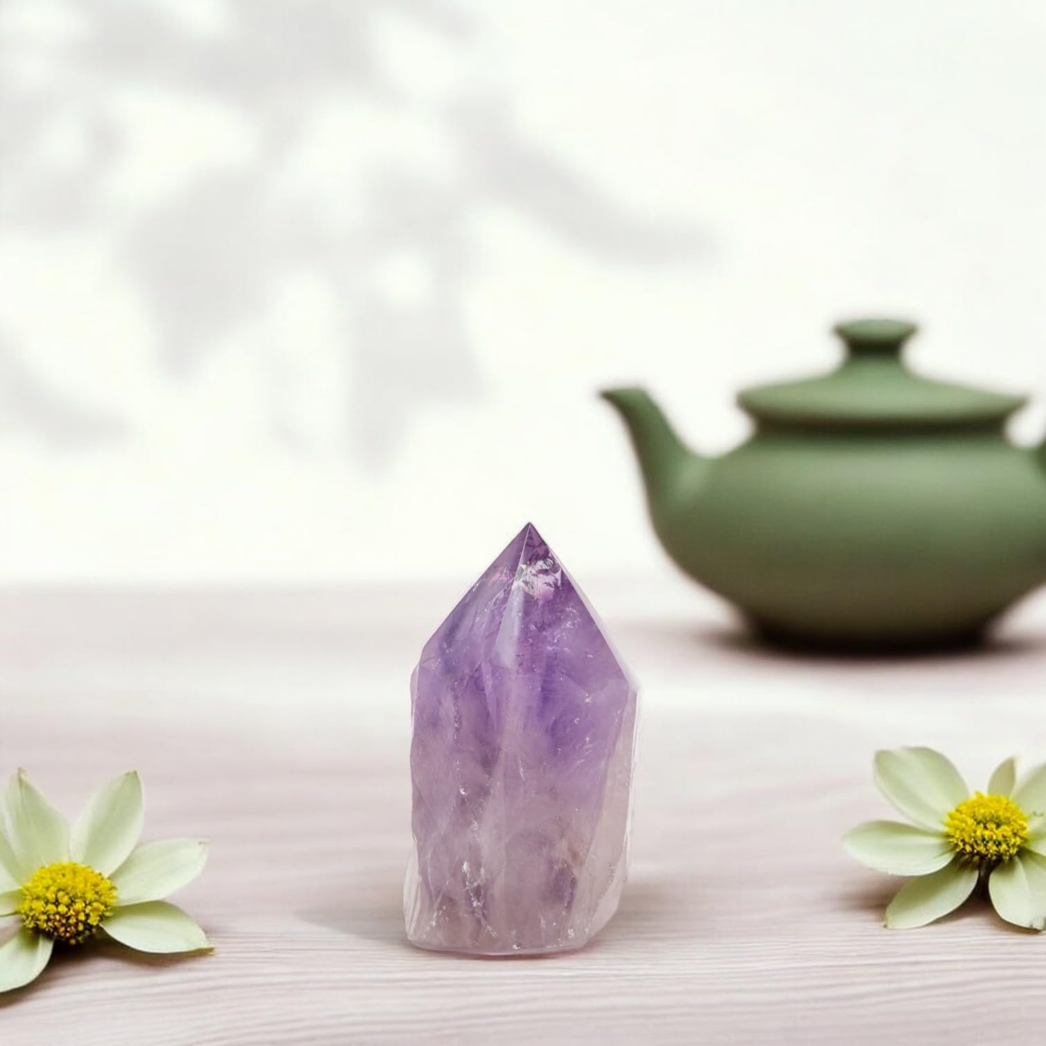 SAMSARI Améthyste, pointe purifiée, usage en méditation guidée et équilibrage des chakras.