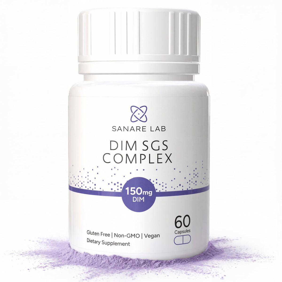 Sanare Lab DIM SGS 150 mg – bouteille de capsules, équilibre hormonal potentiel.