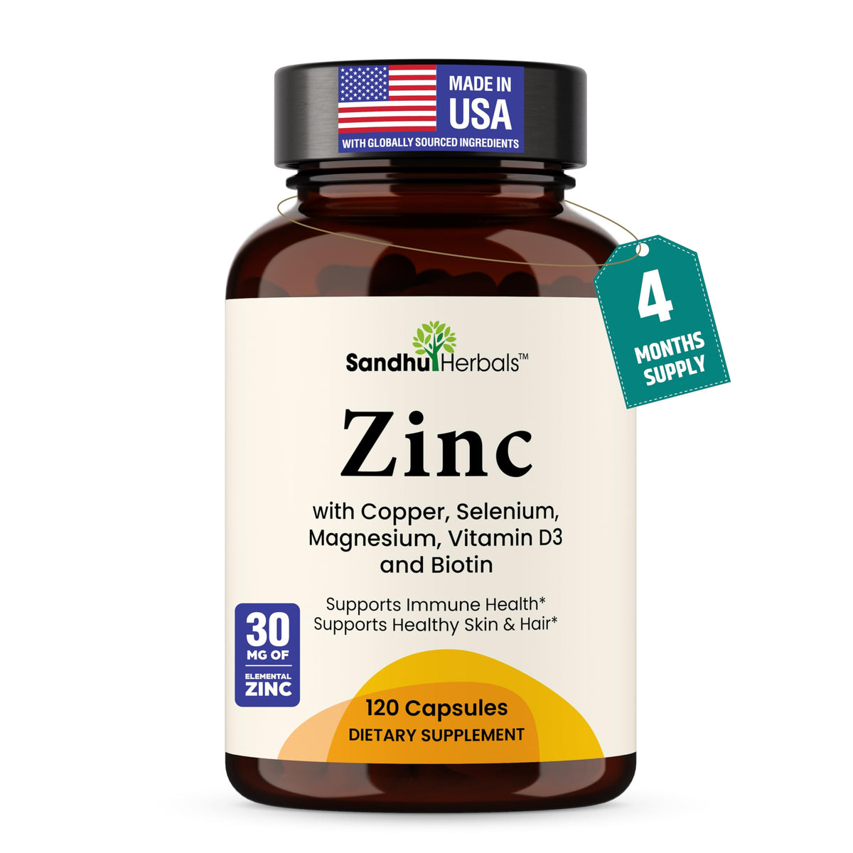 SandhuHerbals Zinc 30 mg — bouteille et étiquette, soutien potentiel à l'immunité.