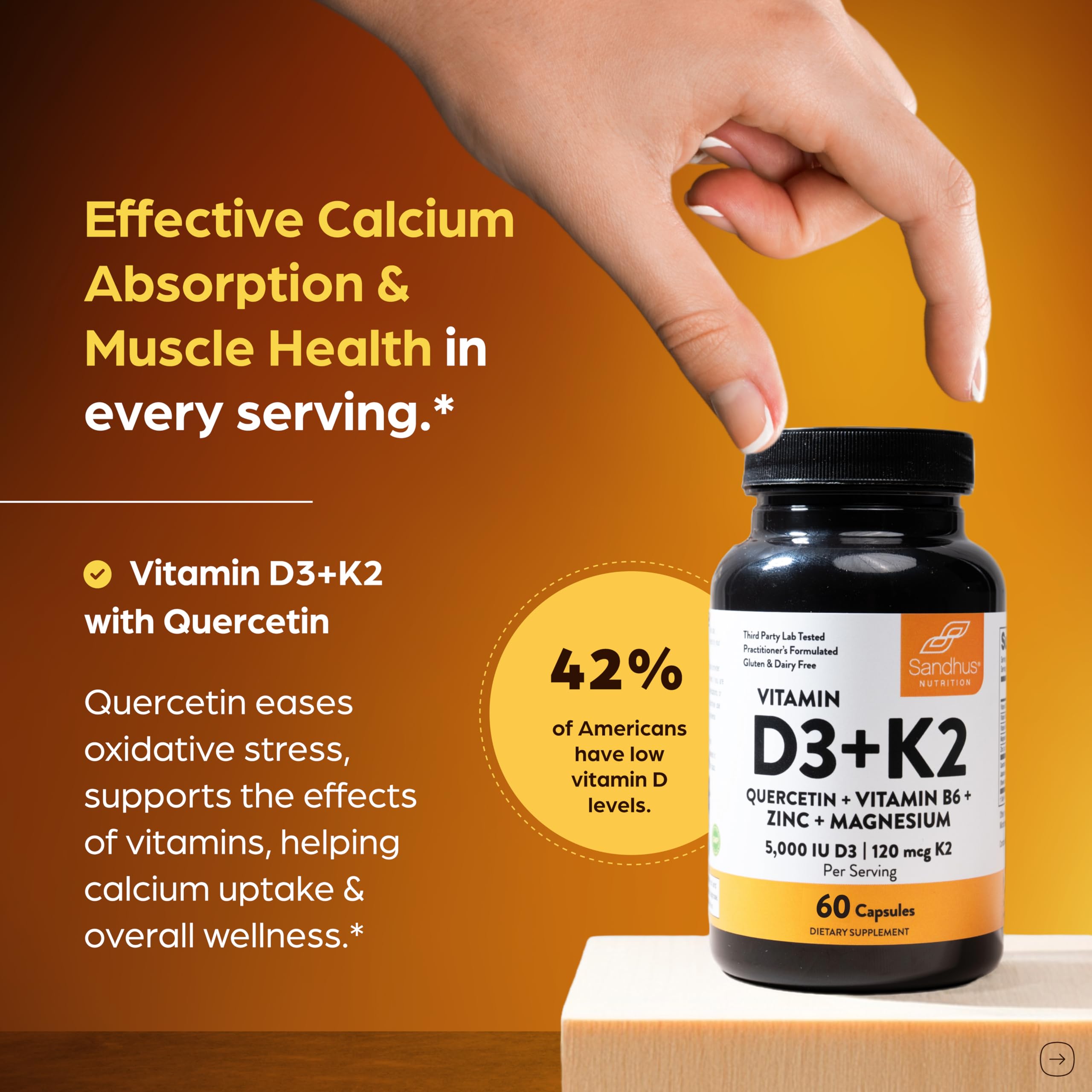 Capsules Sandhu's D3K2 magnésium, conçues pour une prise facile et quotidienne.