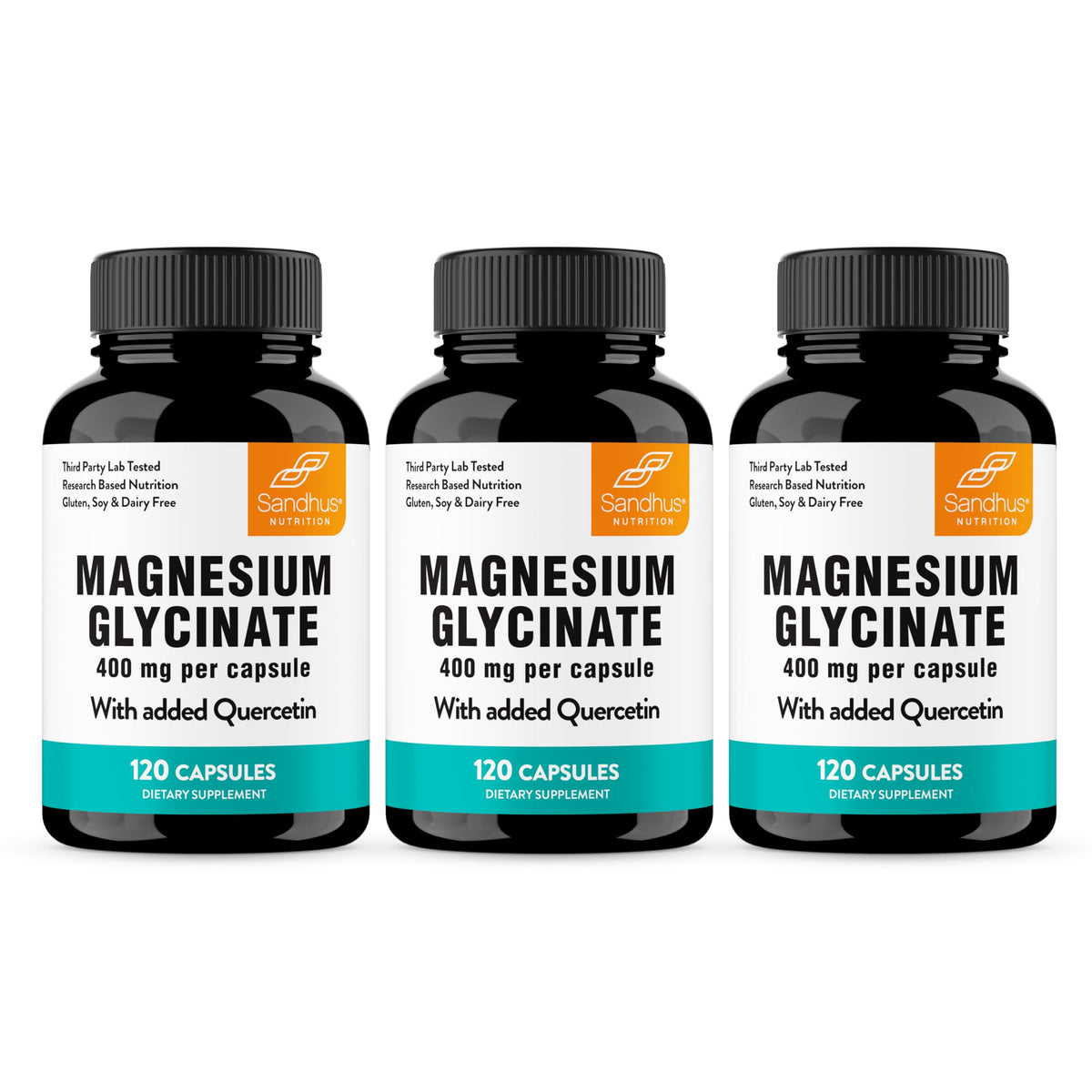Sandhu's Magnésium Glycinate 400mg, bouteille, soutien potentiel au sommeil et relaxation.