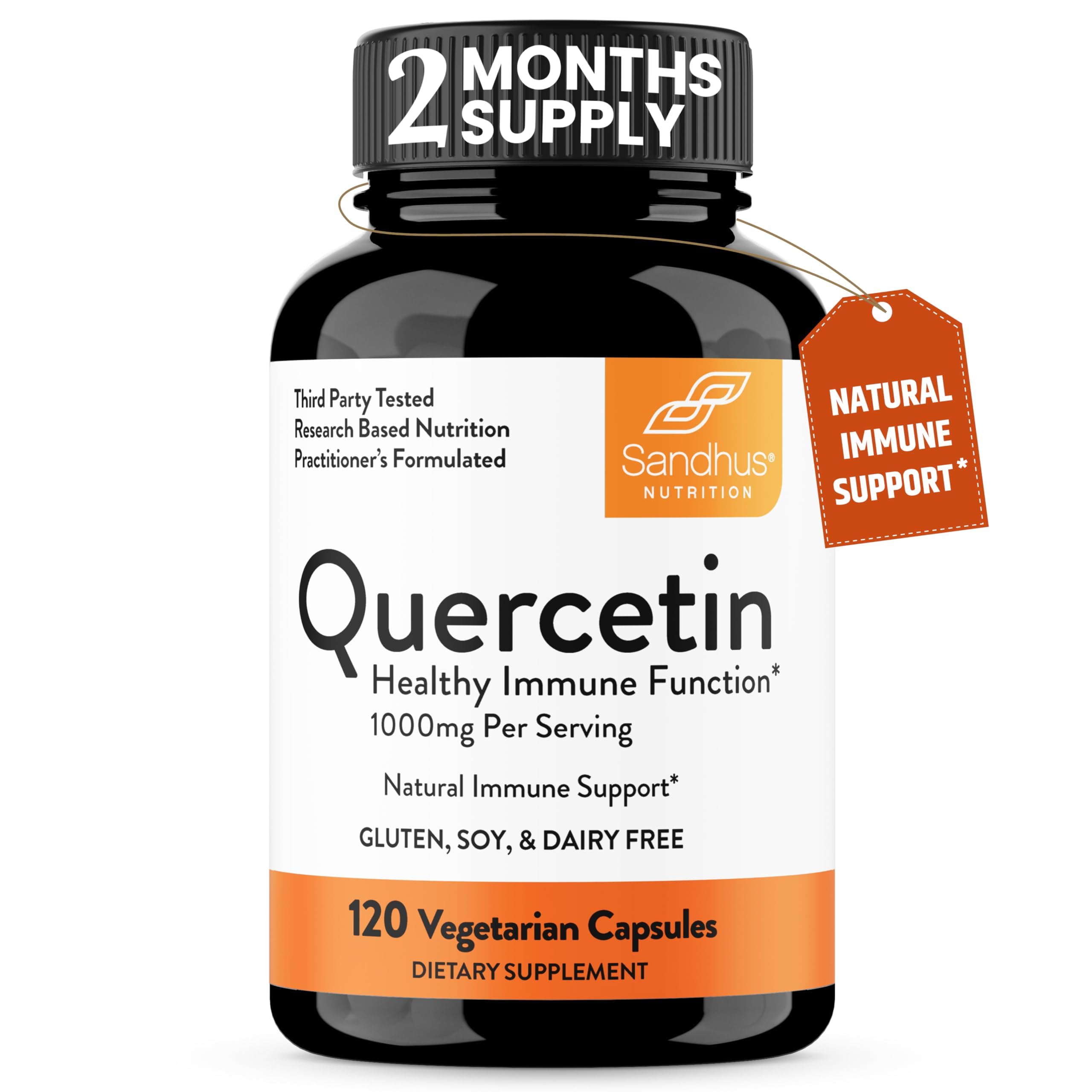 Sandhu's Quercetine 500 mg – bouteille de capsules prête à l'emploi, soutien immunitaire potentiel.