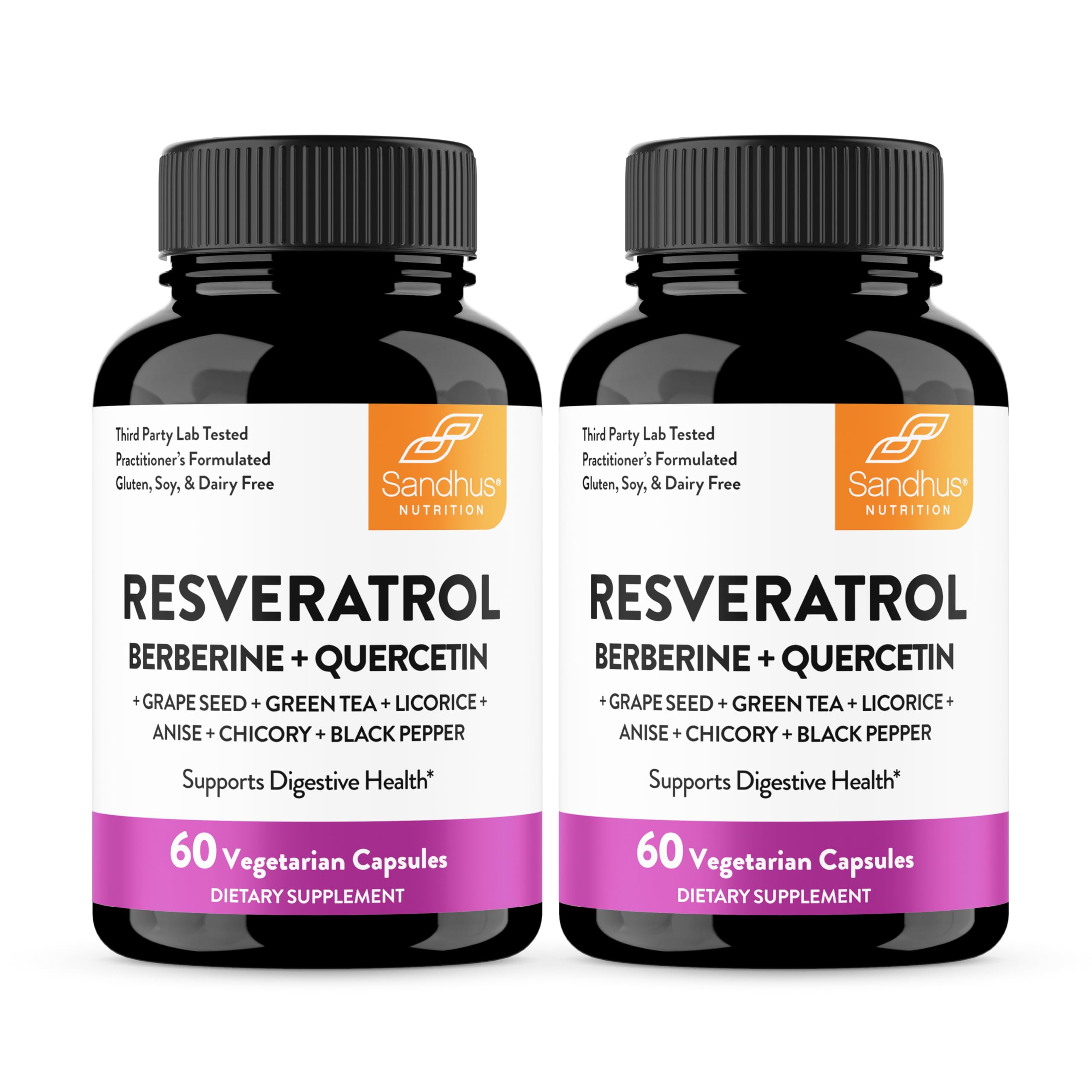 Sandhu's Résveratrol avec Berberine – bouteille prête à l’emploi pour le soutien digestif potentiel.