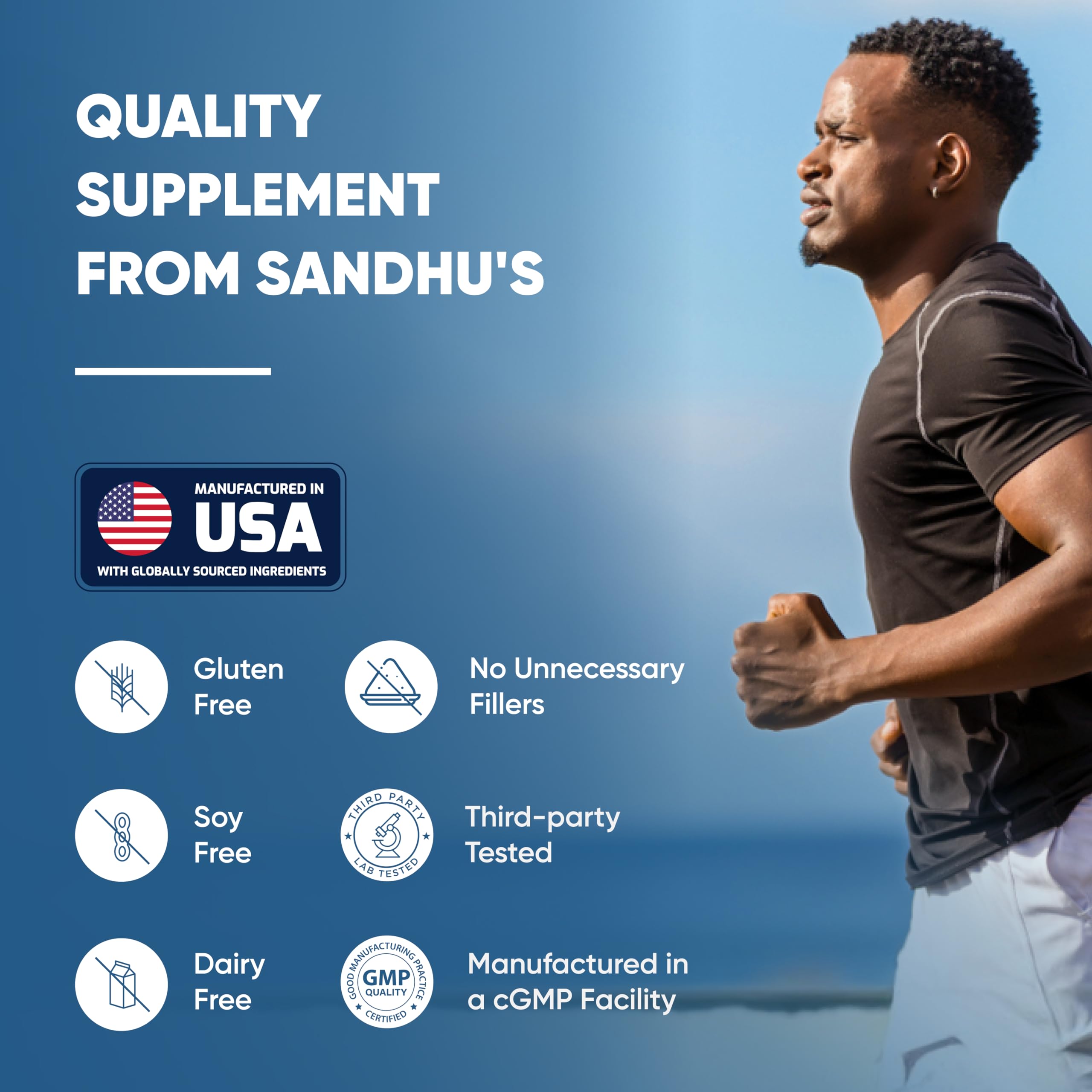 Mentions fabrication USA et normes cGMP sur l'emballage.
