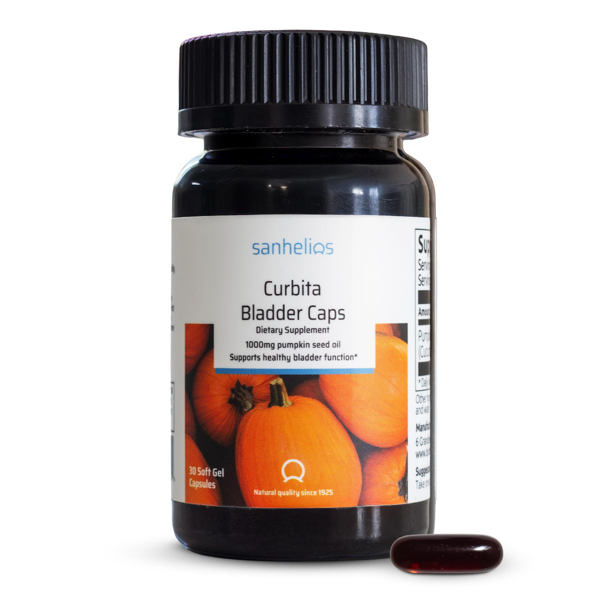 Sanhelios Curbita – bouteille de capsules potiron, soutien potentiel au confort urinaire au quotidien.