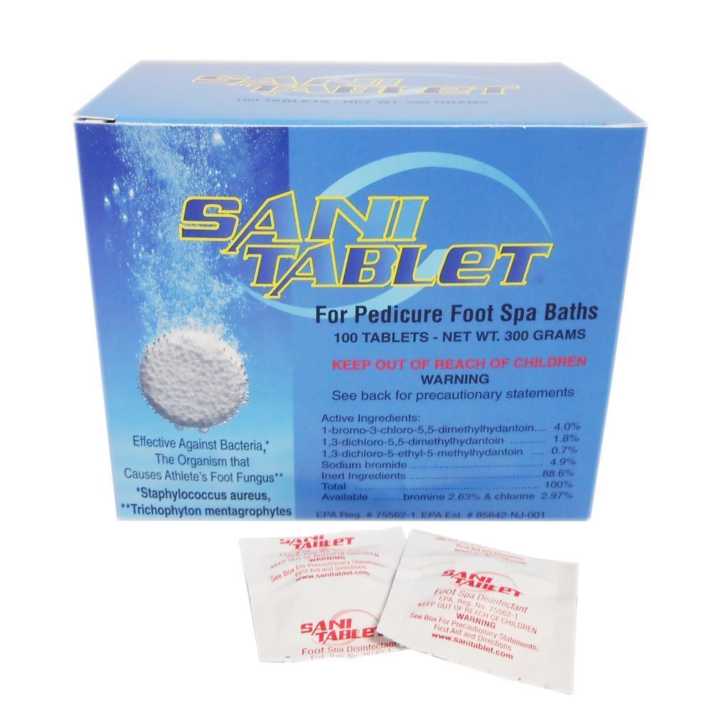 Sani-Care Sani-Tablet, boîte de 100 tablettes, pratique pour l'hygiène en pédicure.