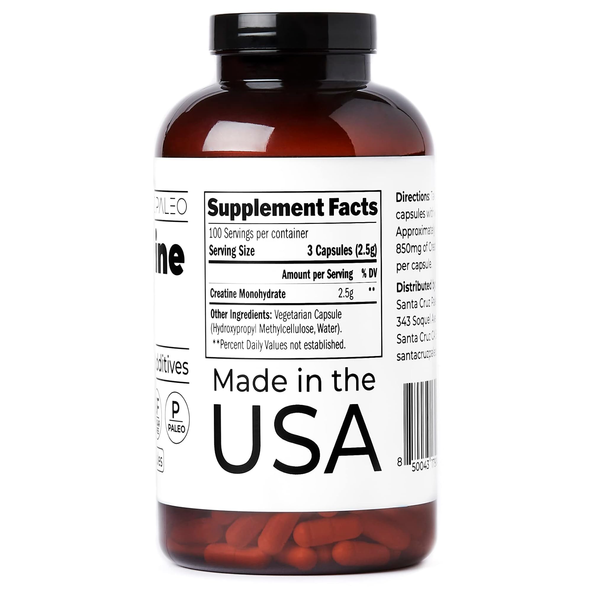 Détail sur l'étiquette Santa Cruz Paleo Créatine, sans additifs ni fillers.