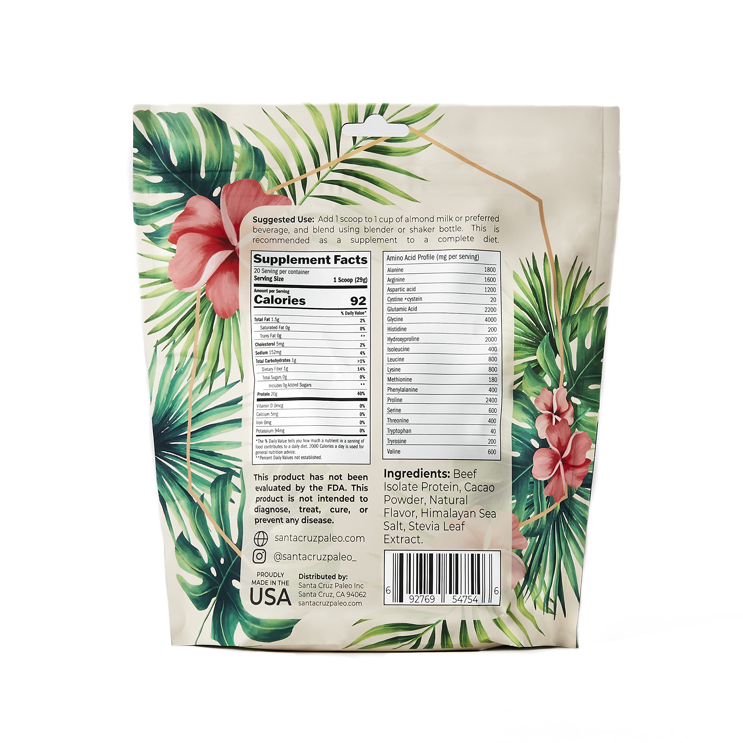 Santa Cruz Paleo shake-chocolat-proteine-boeuf: parfait pour smoothies apres-entraînement.
