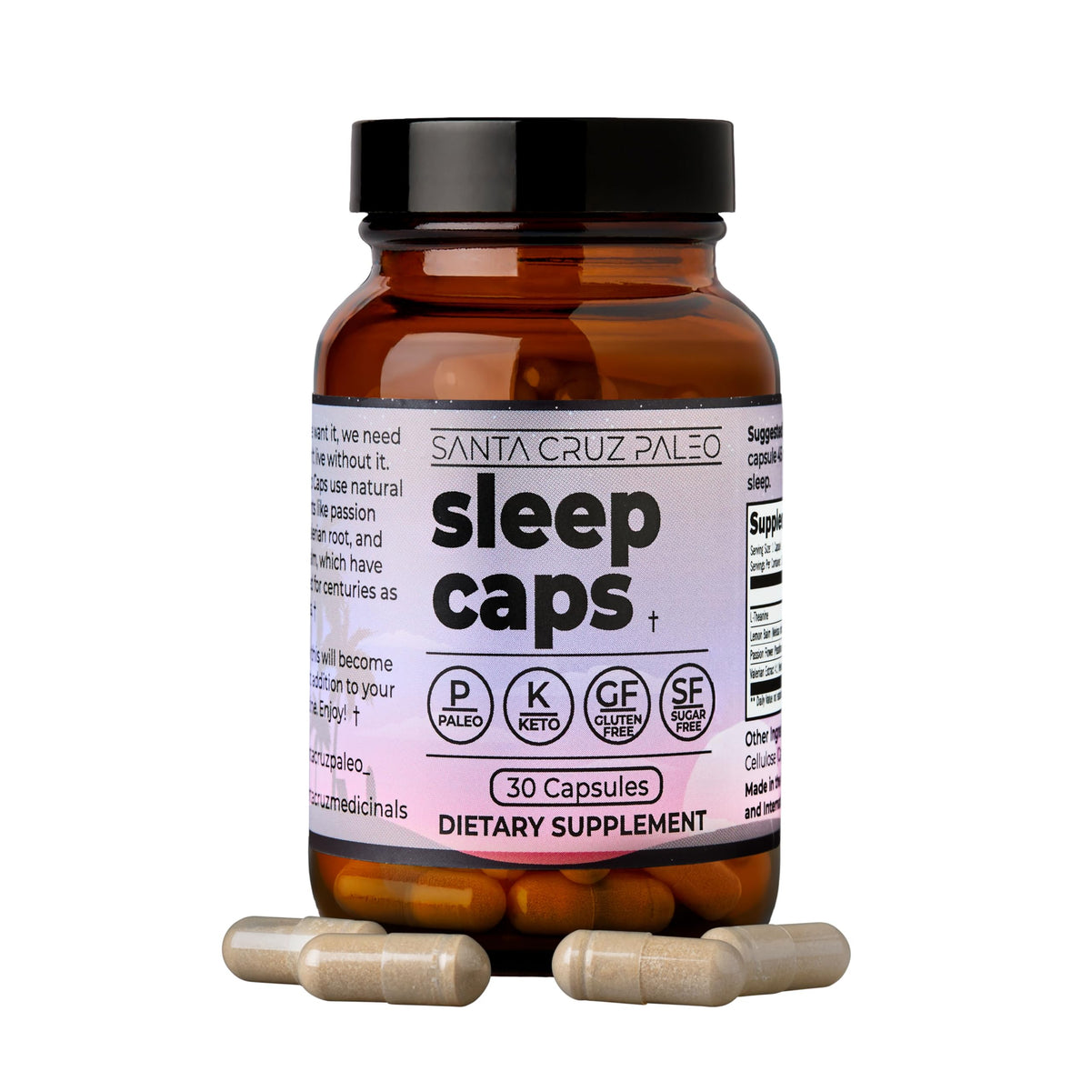 Bouteille Santa Cruz Paleo Sleep Caps, rituel nocturne calme.