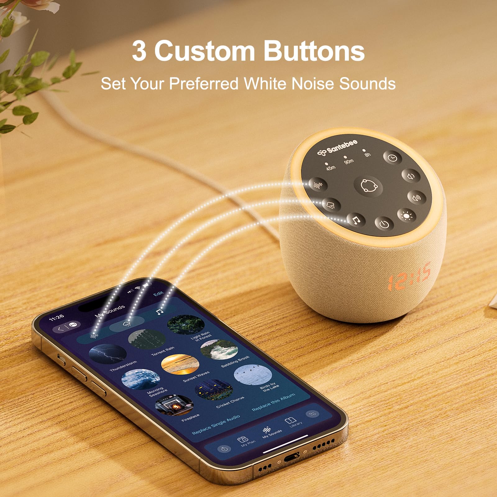 Boutons personnalisables sur Santebee Cocoon Pro 2 pour accéder rapidement à vos sons favoris.