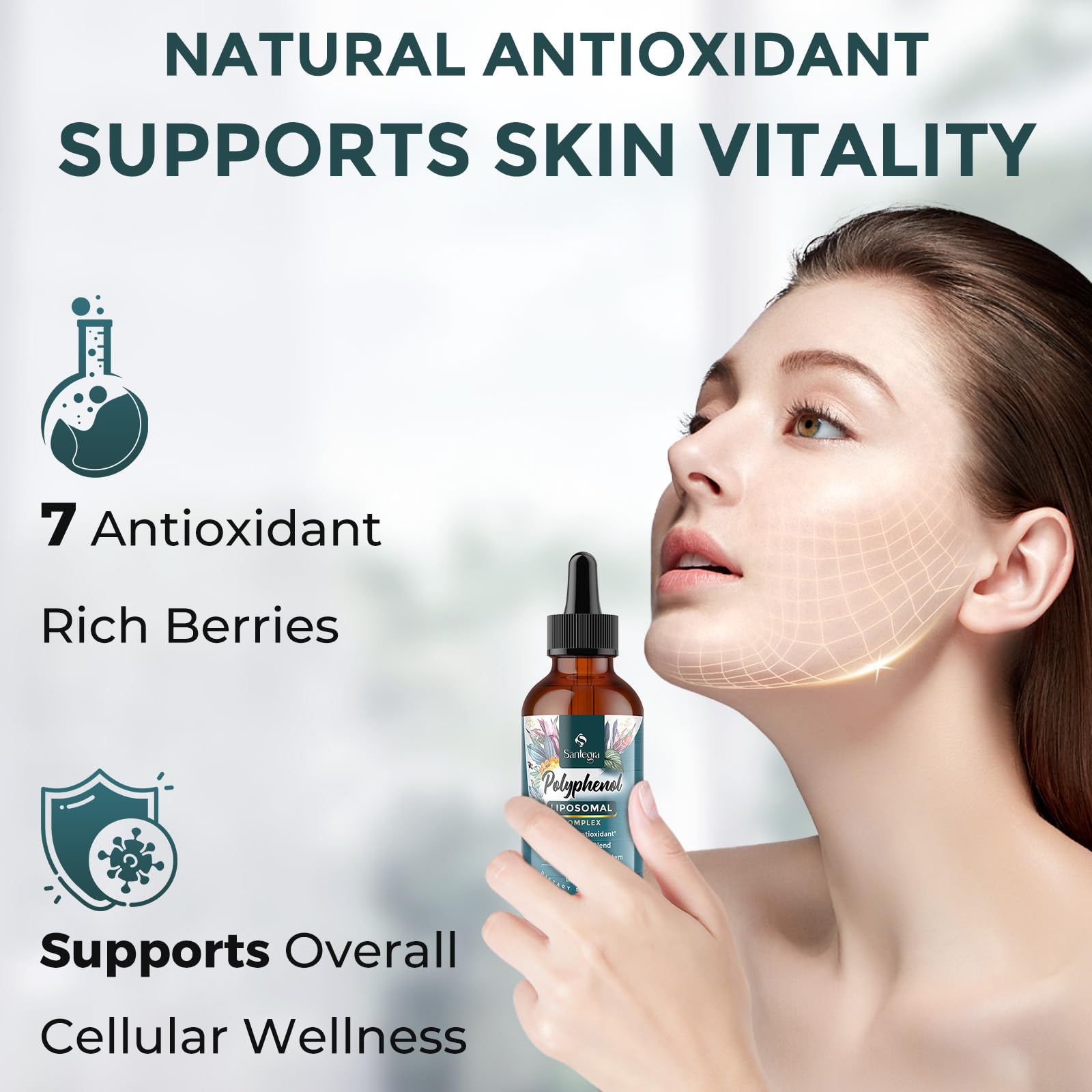 Santegra Polyphénols Liposomale – bouteille sur rayon témoigne de qualité et fiabilité.