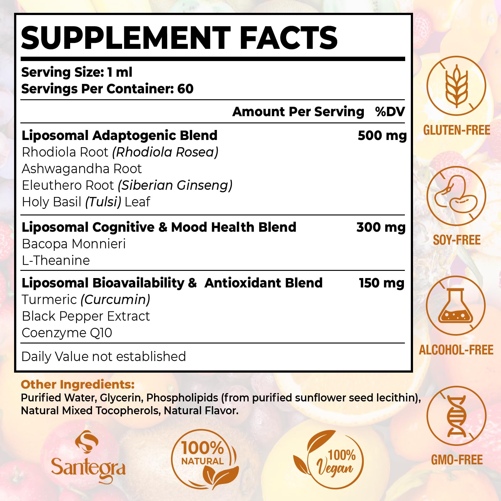 Santegra Rhodiola liposomale – gouttes dans verre faciles à mélanger pour énergie et concentration.