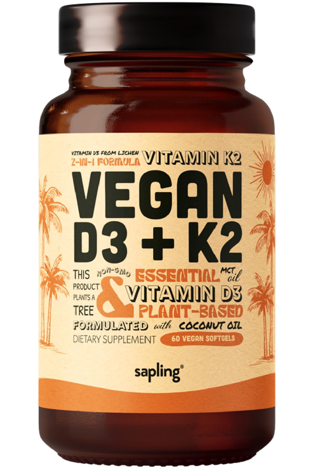 Sapling D3K2 vegan avec MCT: soutien potentiel de l'absorption du calcium