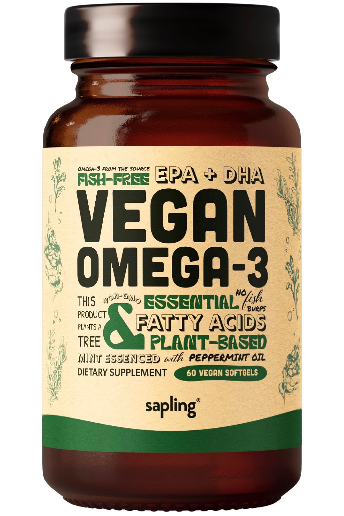 Sapling Omega-3 vegan, bouteille de gélules, apport quotidien potentiel