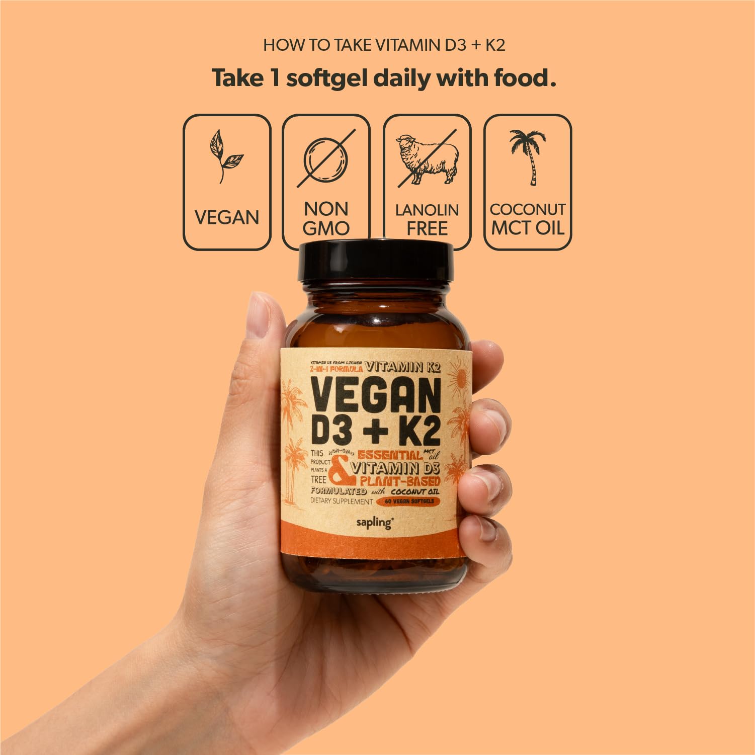 Softgels D3K2 Sapling: huile MCT pour meilleure absorption et goût neutre