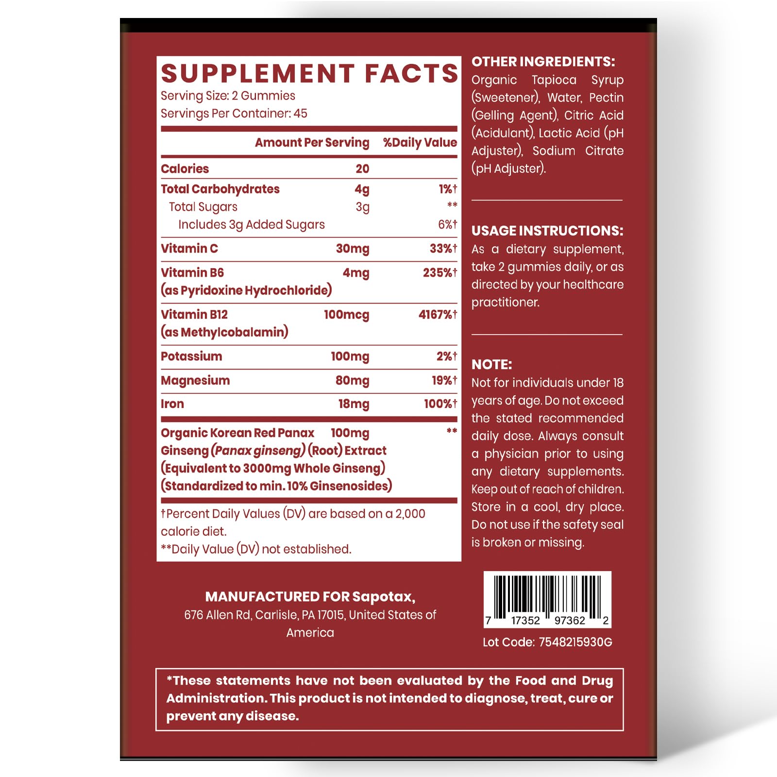 Gommes Sapotax Ginseng Rouge, dégustation douce et confort potentiel.