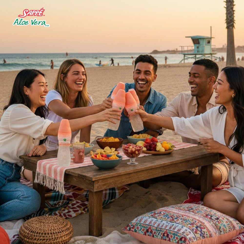 Sappe aloevera pêche servie dans un verre frais pour une pause rafraîchissante.