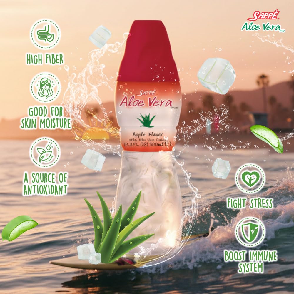 Sappe Aloe Vera Pomme, bouteille ouverte prête à déguster frais.