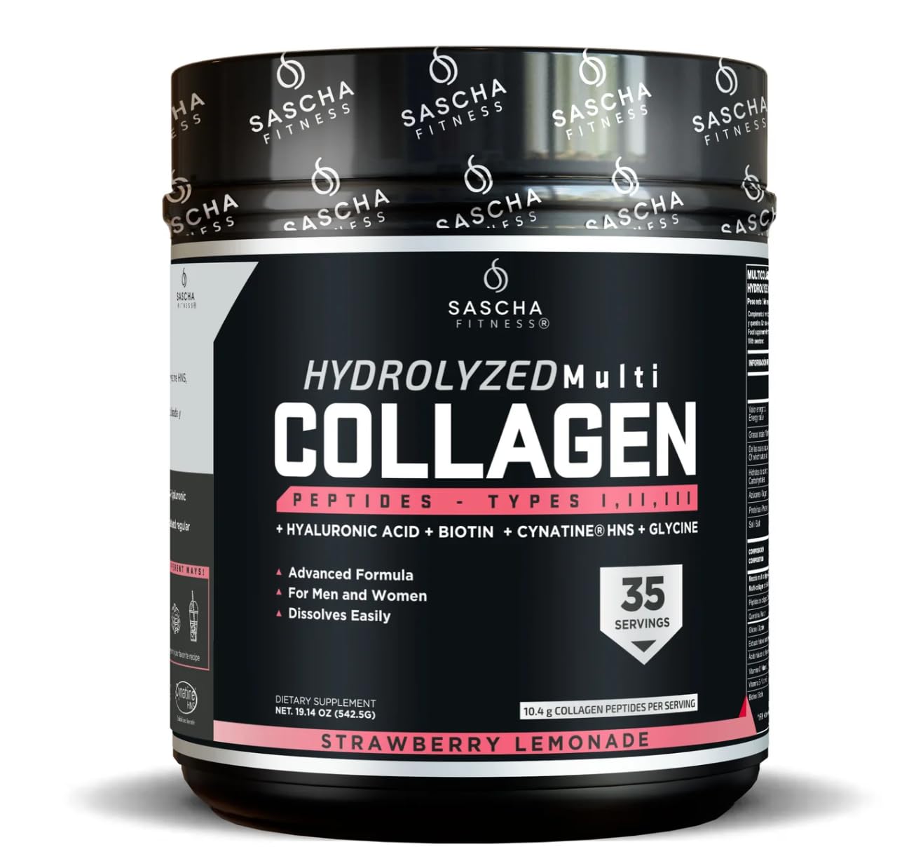 SASCHA FITNESS Hydrolysée Multi-Collagène Poudre, texture prête à être mélangée dans une boisson et translation du goût.