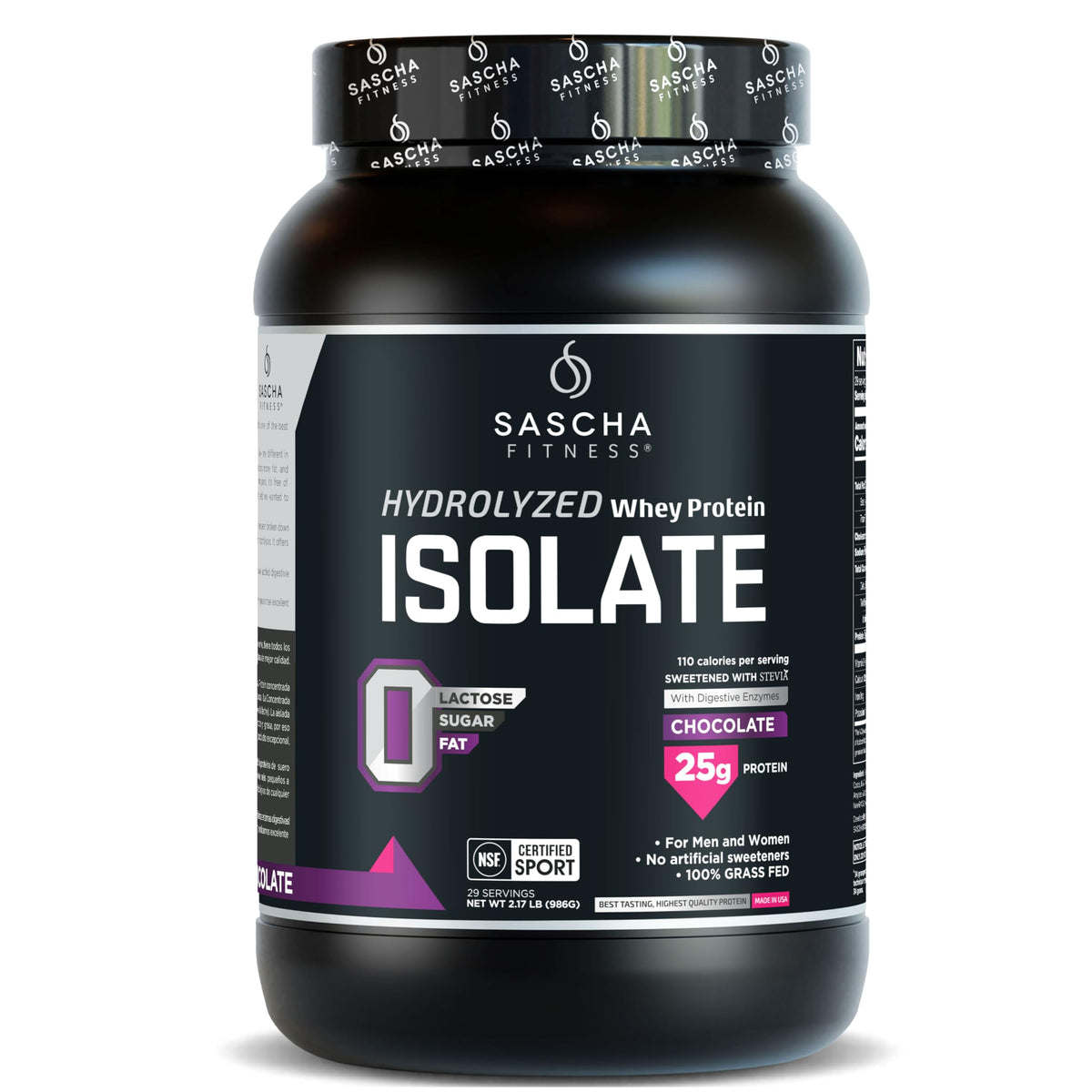 SASCHA FITNESS protéine isolat hydrolysée chocolat – bouteille et étiquette pratique