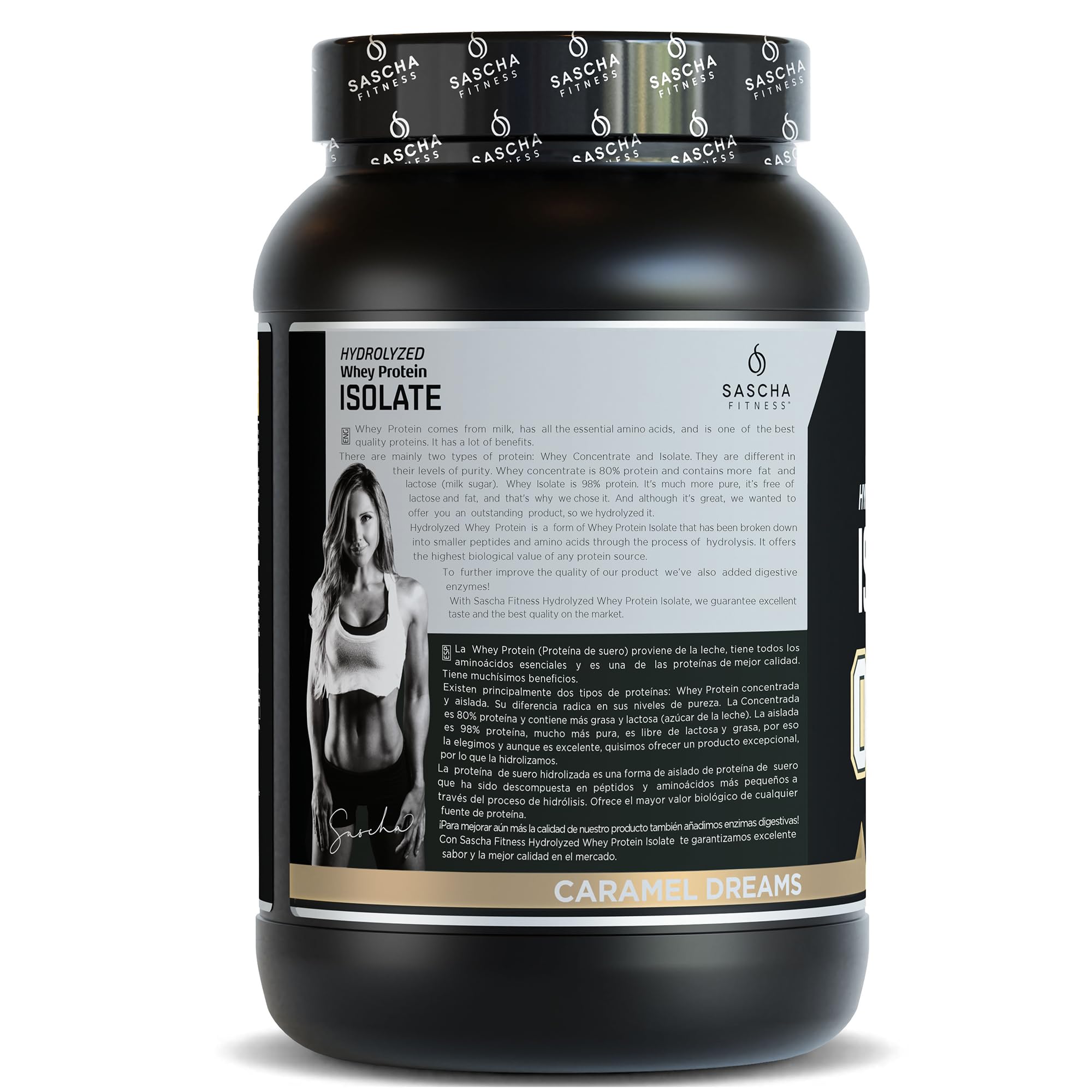 SASCHA FITNESS protéine hydrolysée caramel — bouteille et bouchon pratiques pour doser sans effort.