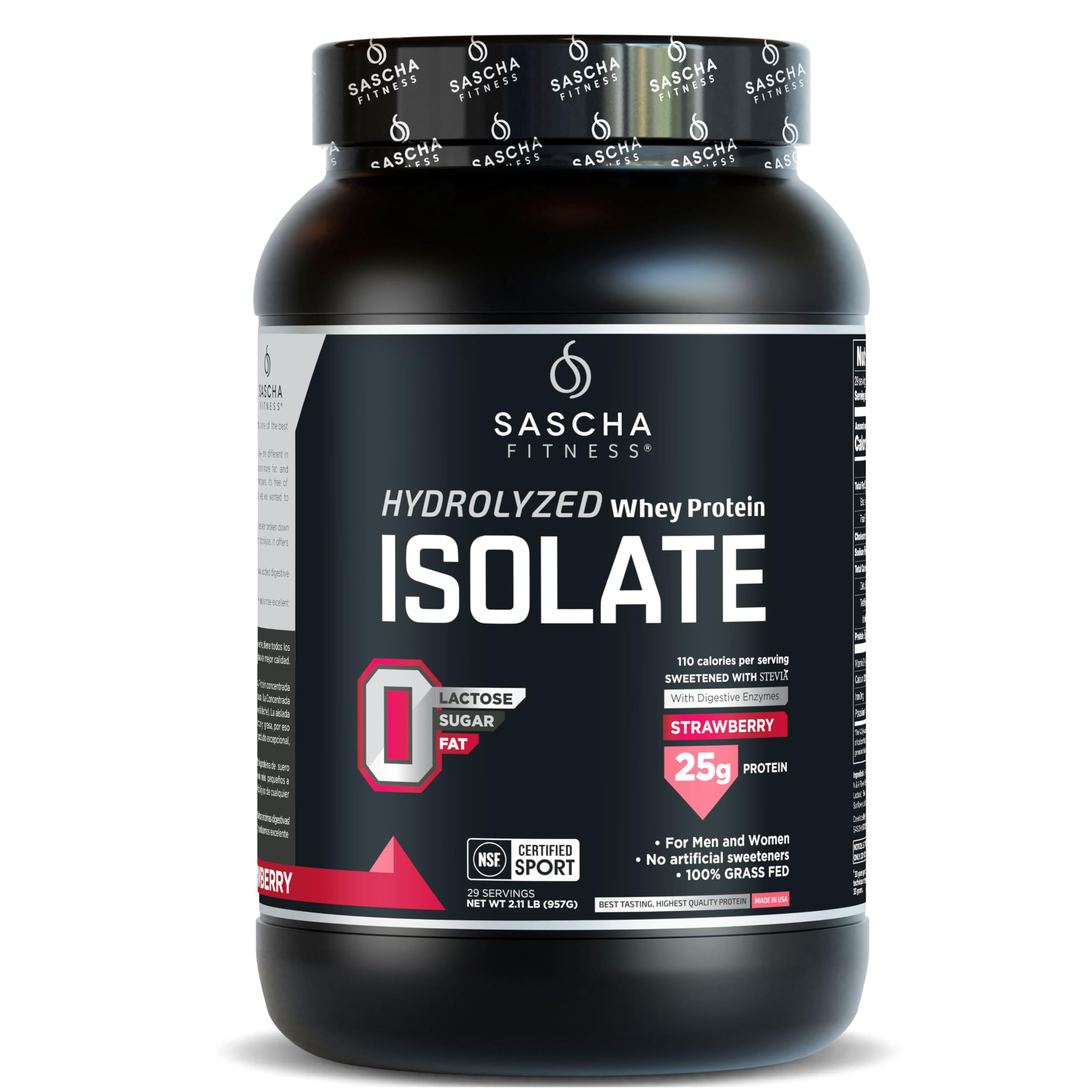 Sascha Fitness protéine whey isolat hydrolysée fraise, bouteille pratique pour récupération post-entraînement