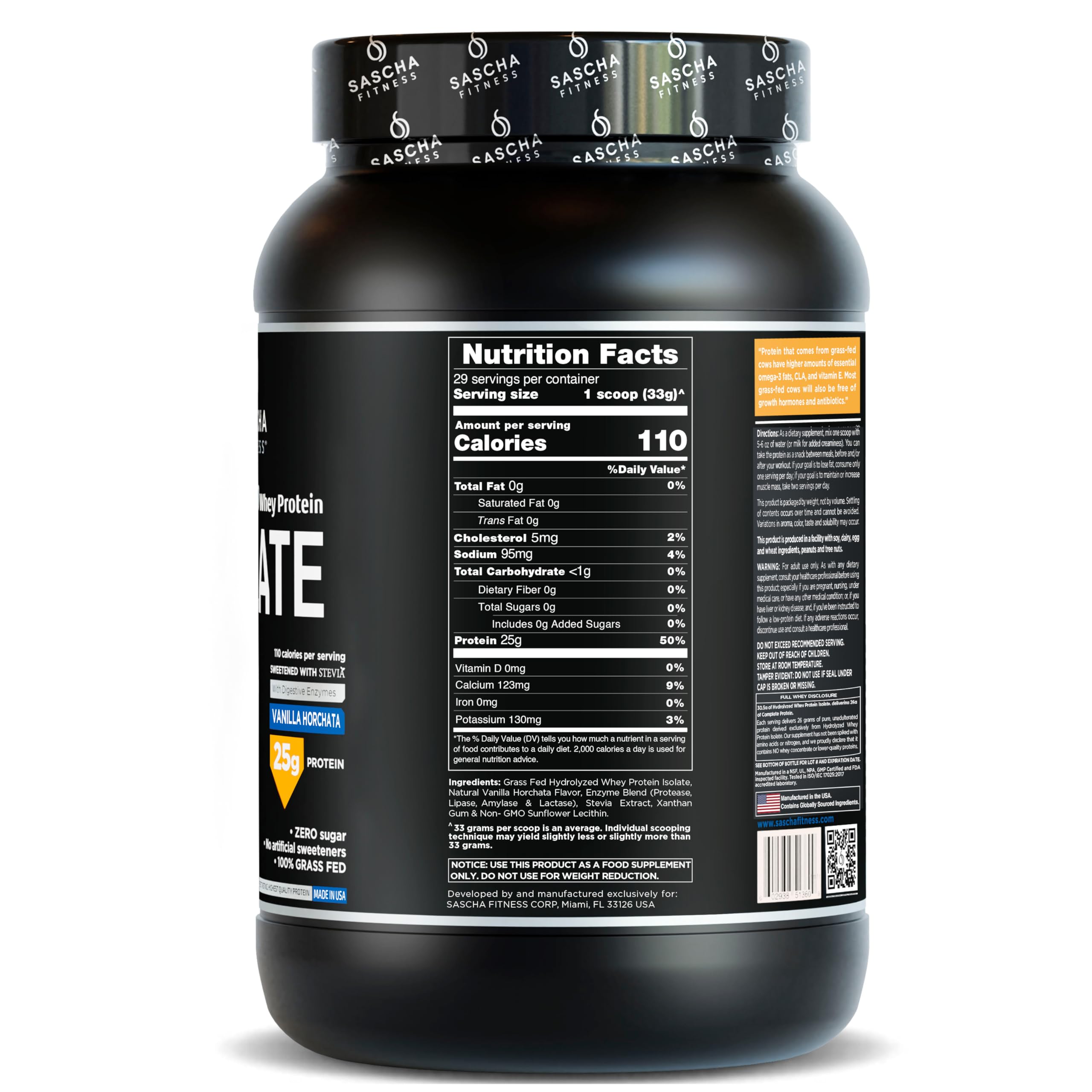 SASCHA FITNESS whey hydrolysée isolat vanille horchata, emballage clair pour choix rapide.