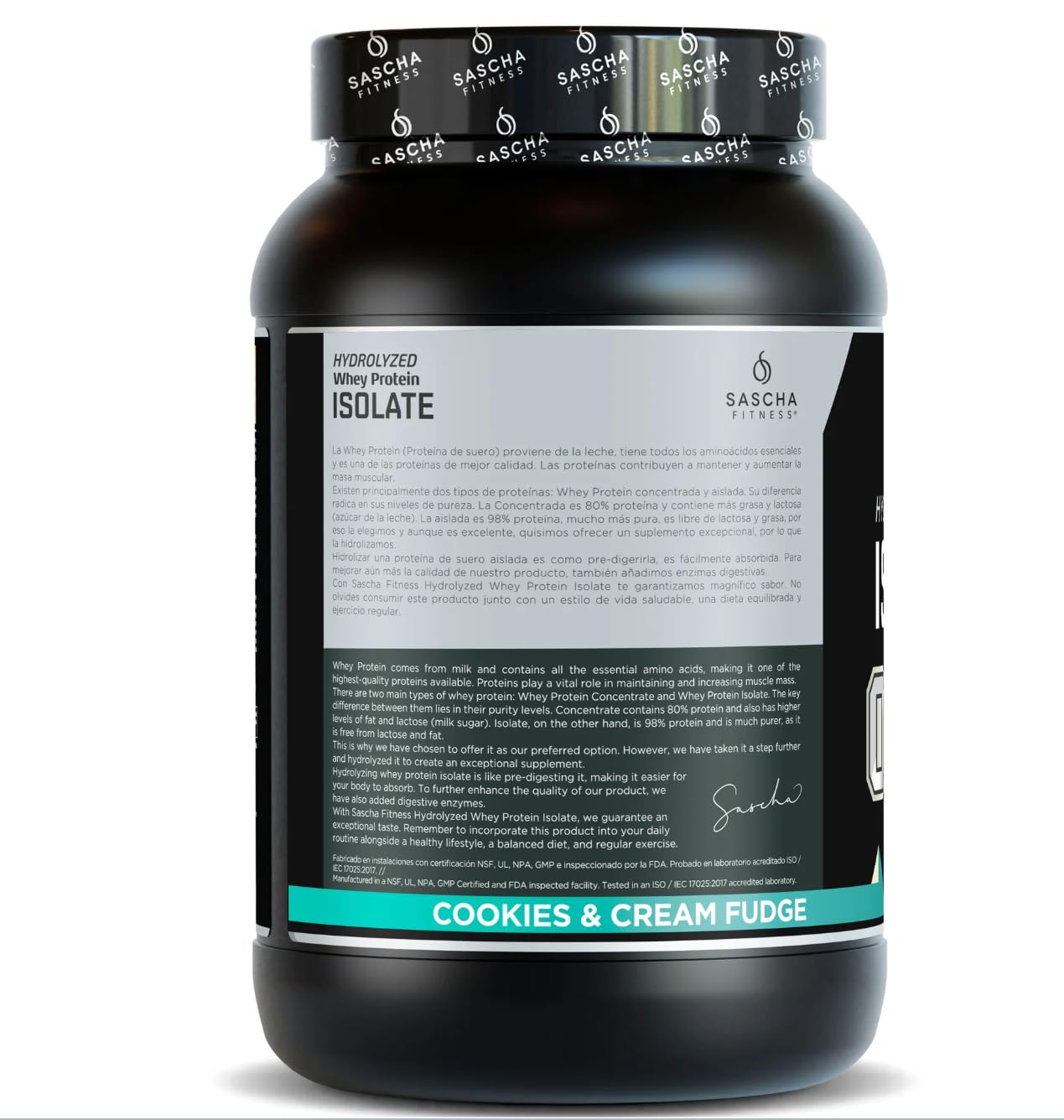 Cuillère-doseuse SASCHA FITNESS isolat cookies crème, absorption rapide pendant l’entraînement.